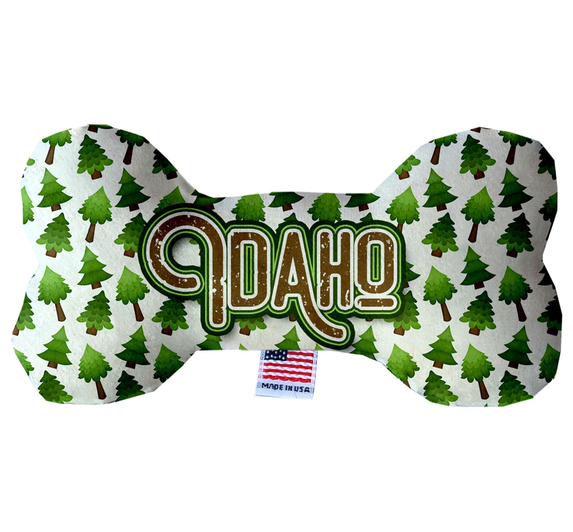 Handmade Idaho State plush bone toys for dogs in various patterns and sizes, featuring squeakers for added fun.