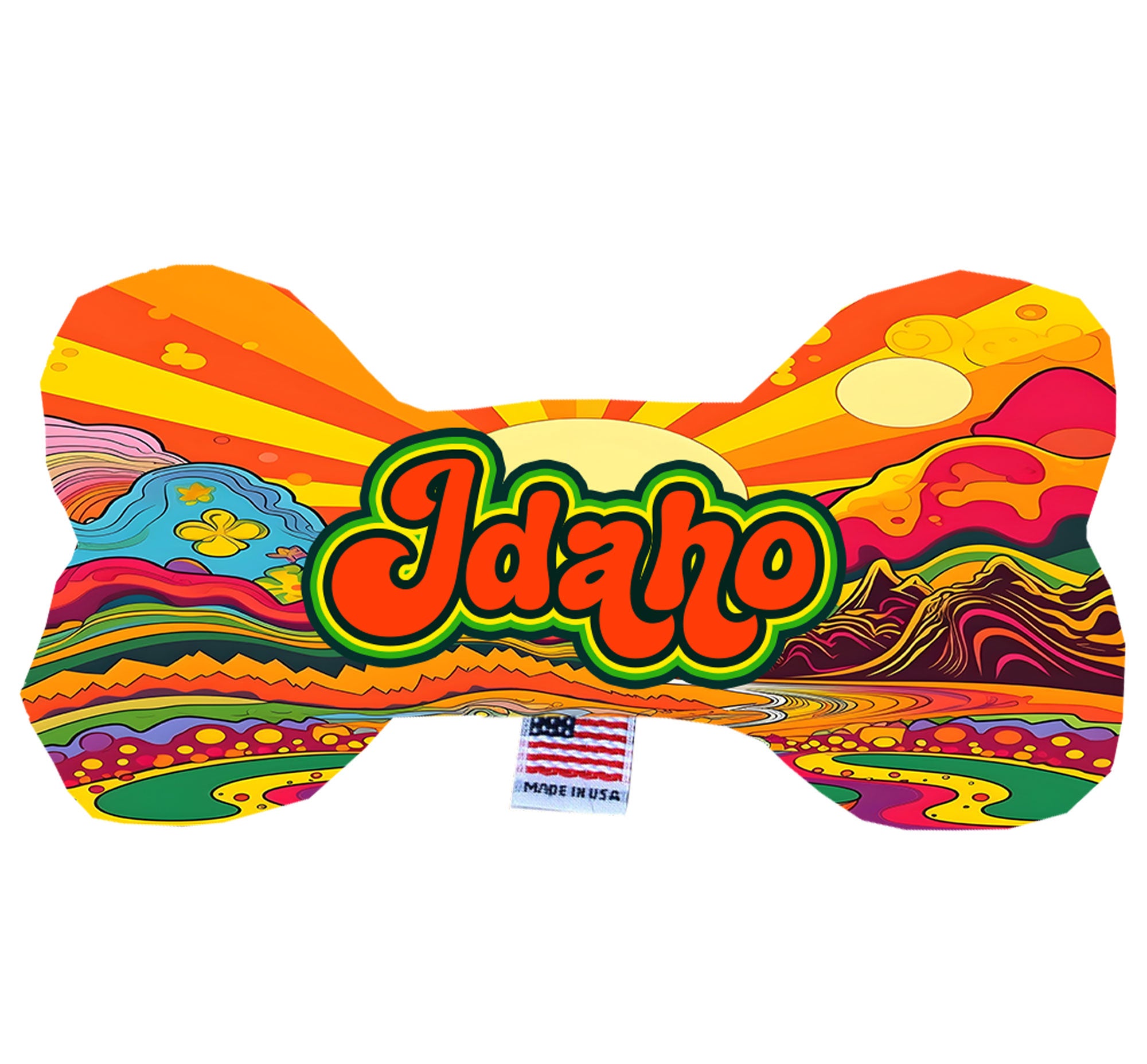 Handmade Idaho State plush bone toys for dogs in various patterns and sizes, featuring squeakers for added fun.