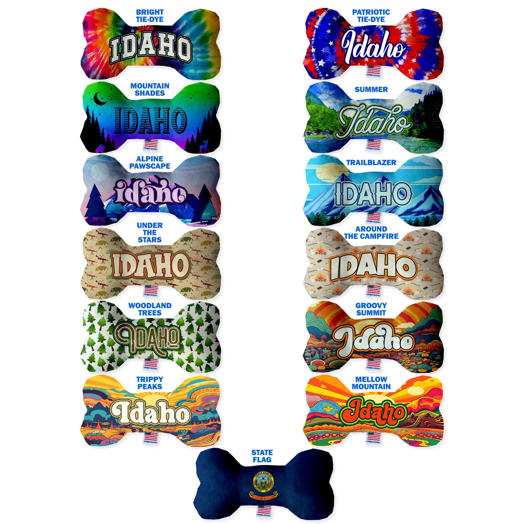 Handmade Idaho State plush bone toys for dogs in various patterns and sizes, featuring squeakers for added fun.