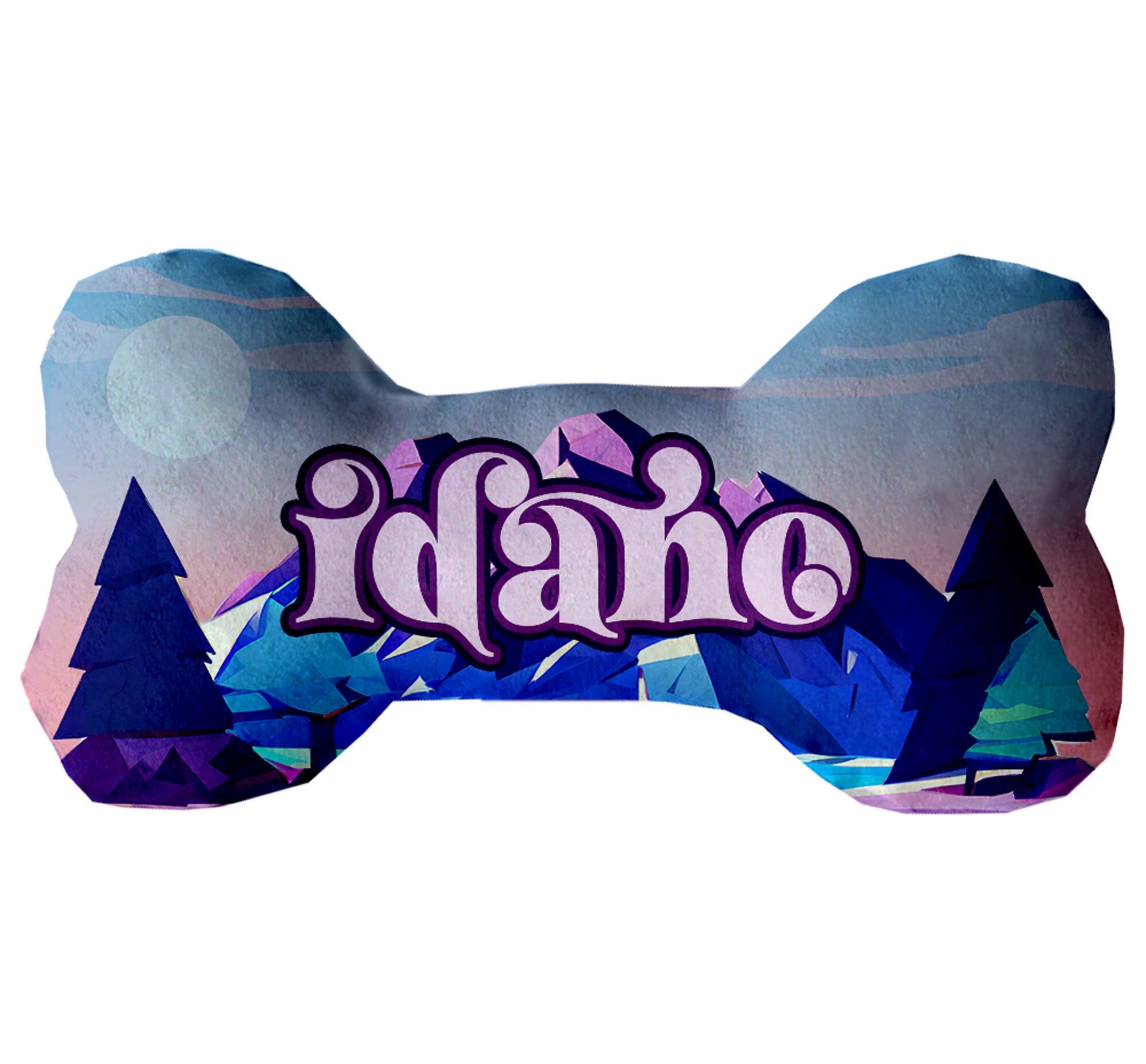 Handmade Idaho State plush bone toys for dogs in various patterns and sizes, featuring squeakers for added fun.