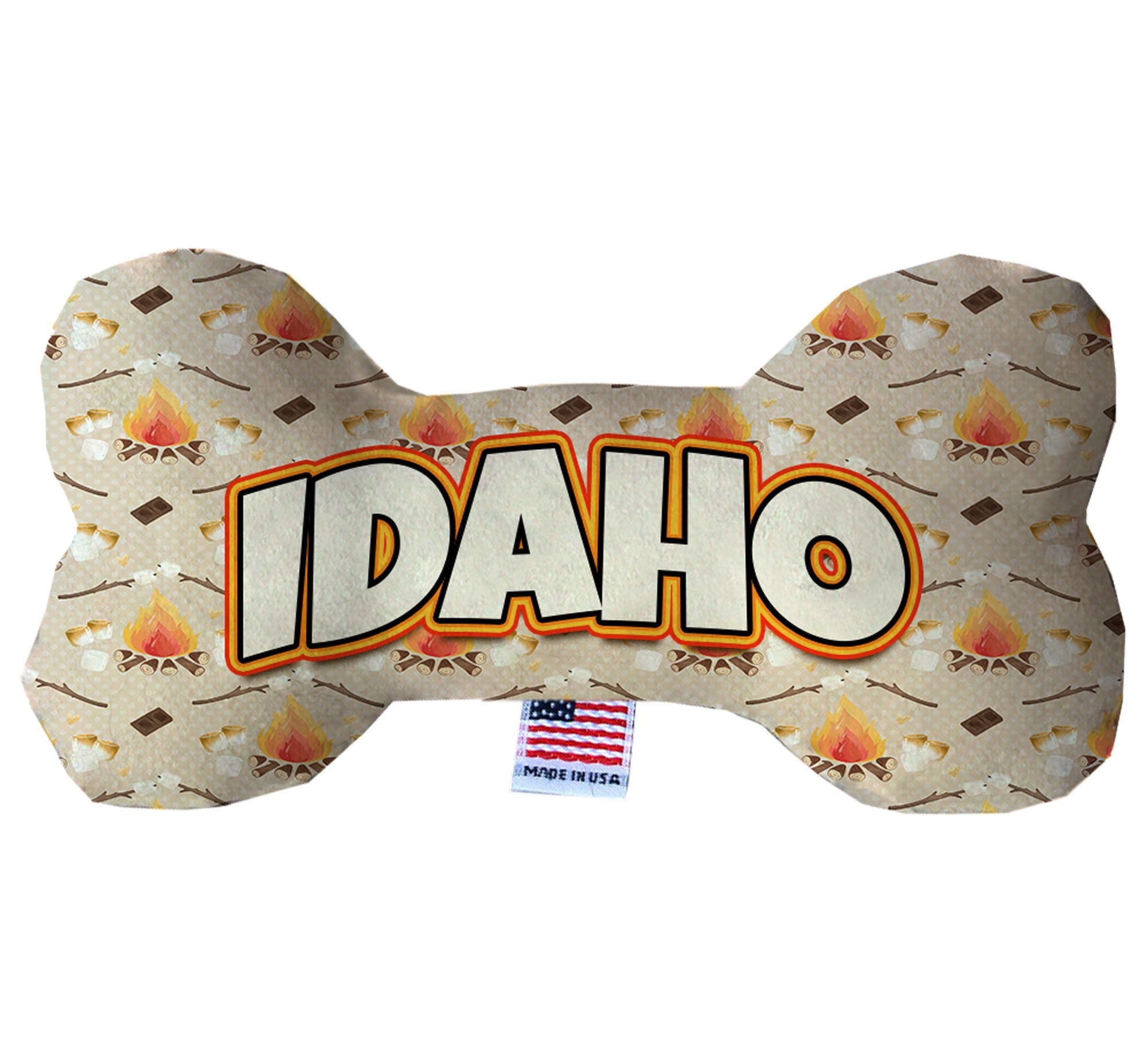 Handmade Idaho State plush bone toys for dogs in various patterns and sizes, featuring squeakers for added fun.
