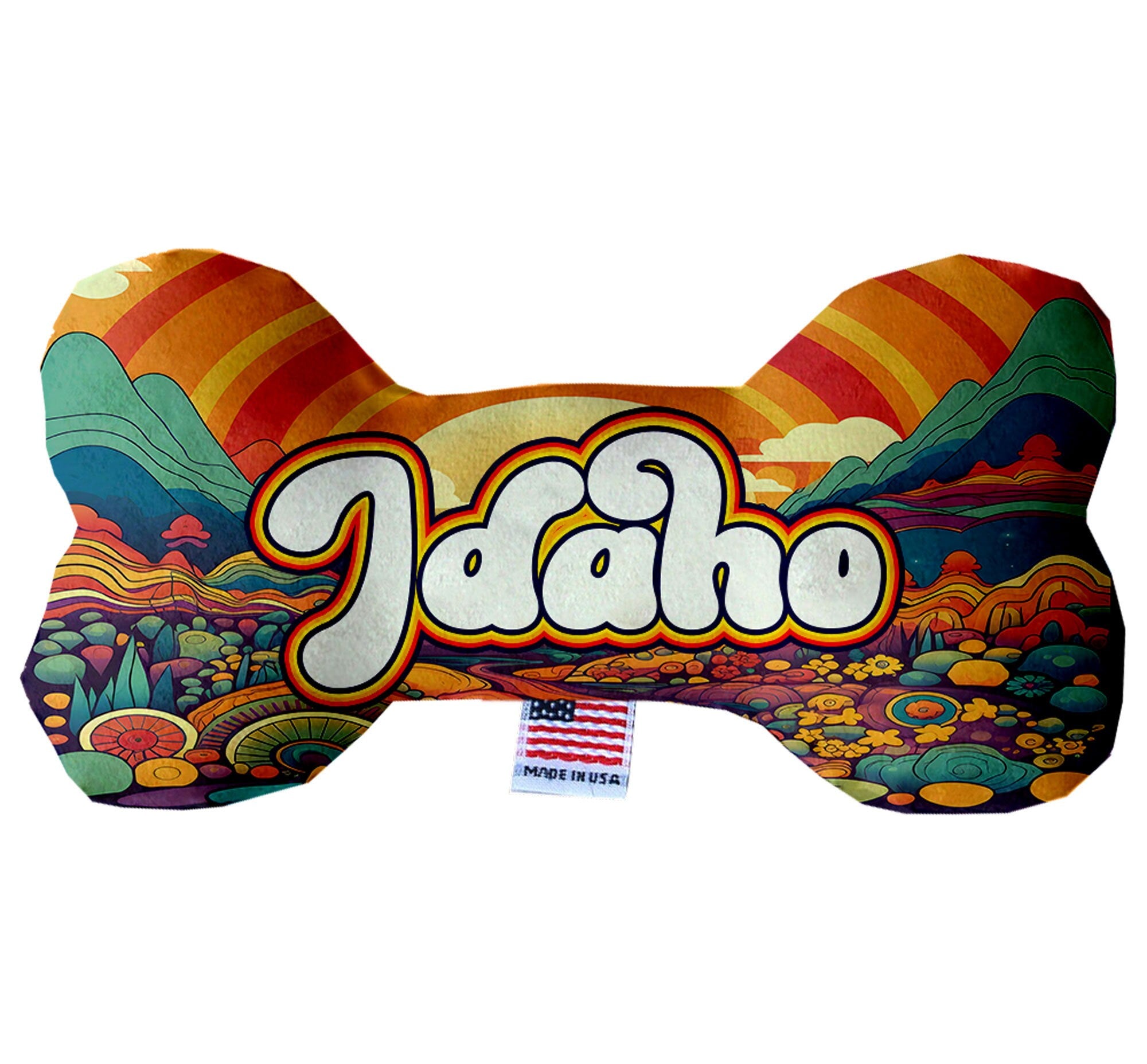 Handmade Idaho State plush bone toys for dogs in various patterns and sizes, featuring squeakers for added fun.