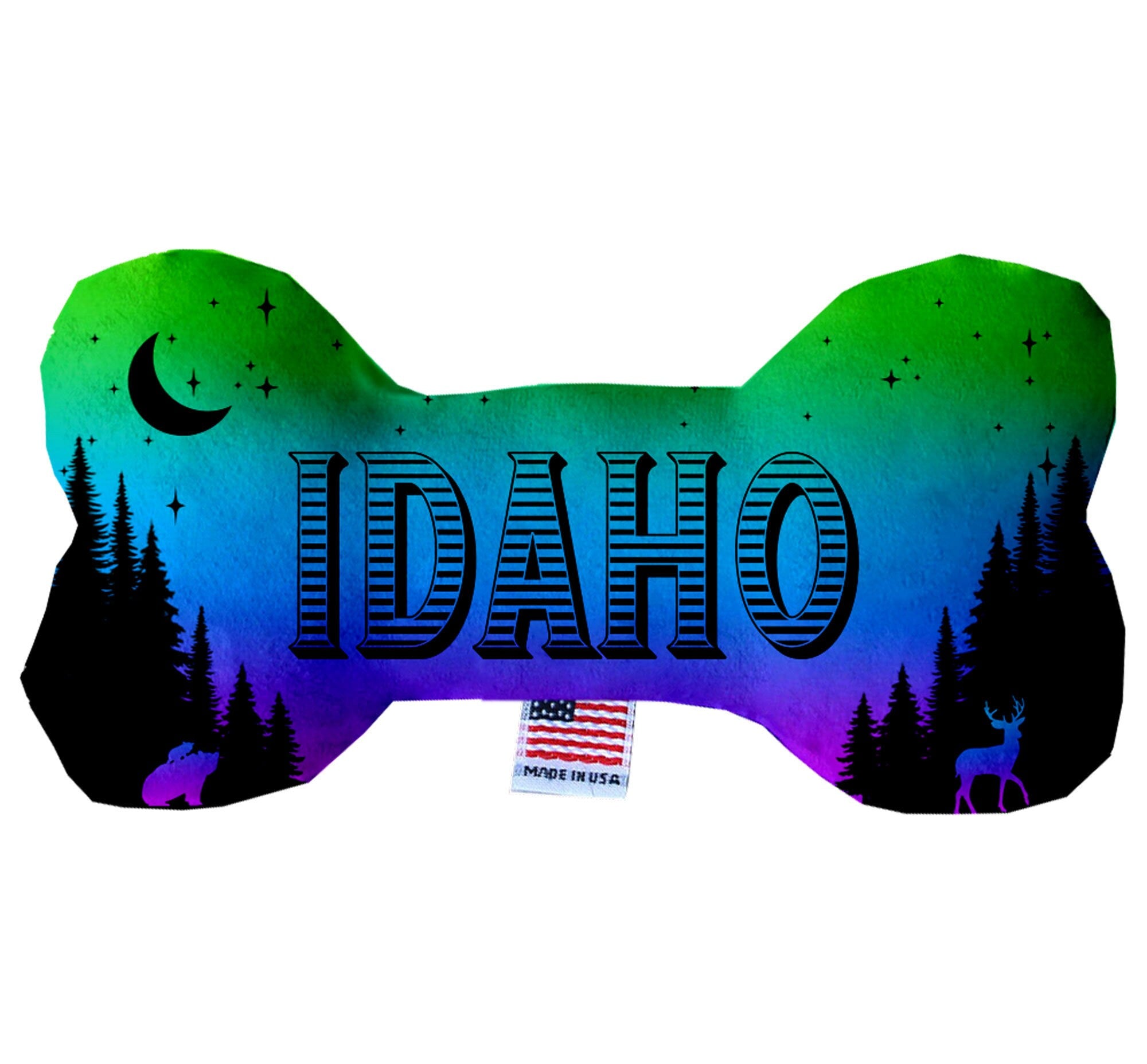 Handmade Idaho State plush bone toys for dogs in various patterns and sizes, featuring squeakers for added fun.