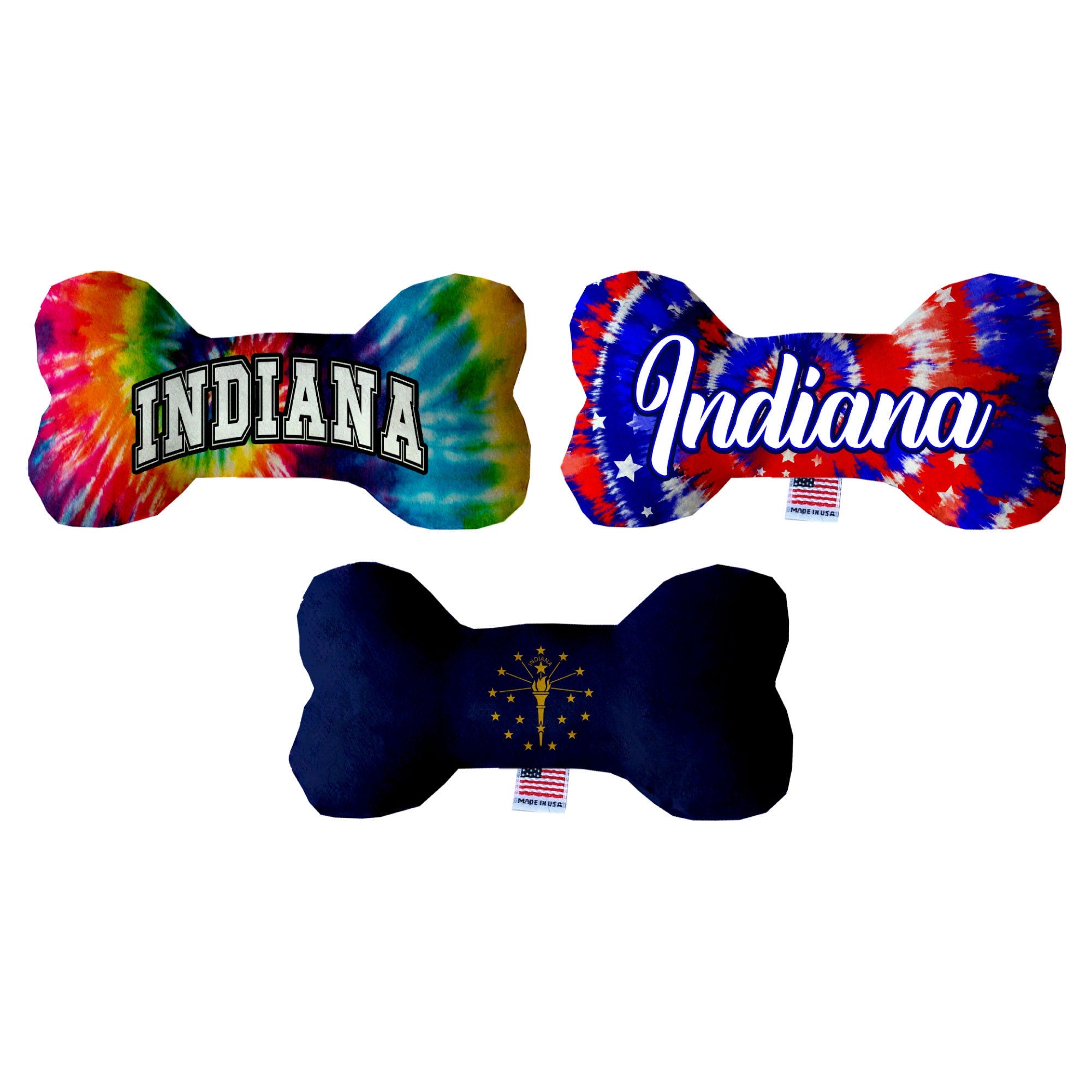 A collection of handmade plush bone toys for dogs, featuring various patterns and sizes, showcasing their soft texture and squeaker functionality.