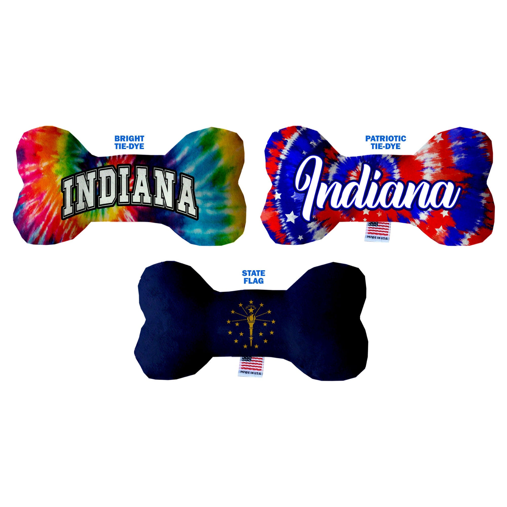 A collection of handmade plush bone toys for dogs, featuring various patterns and sizes, showcasing their soft texture and squeaker functionality.