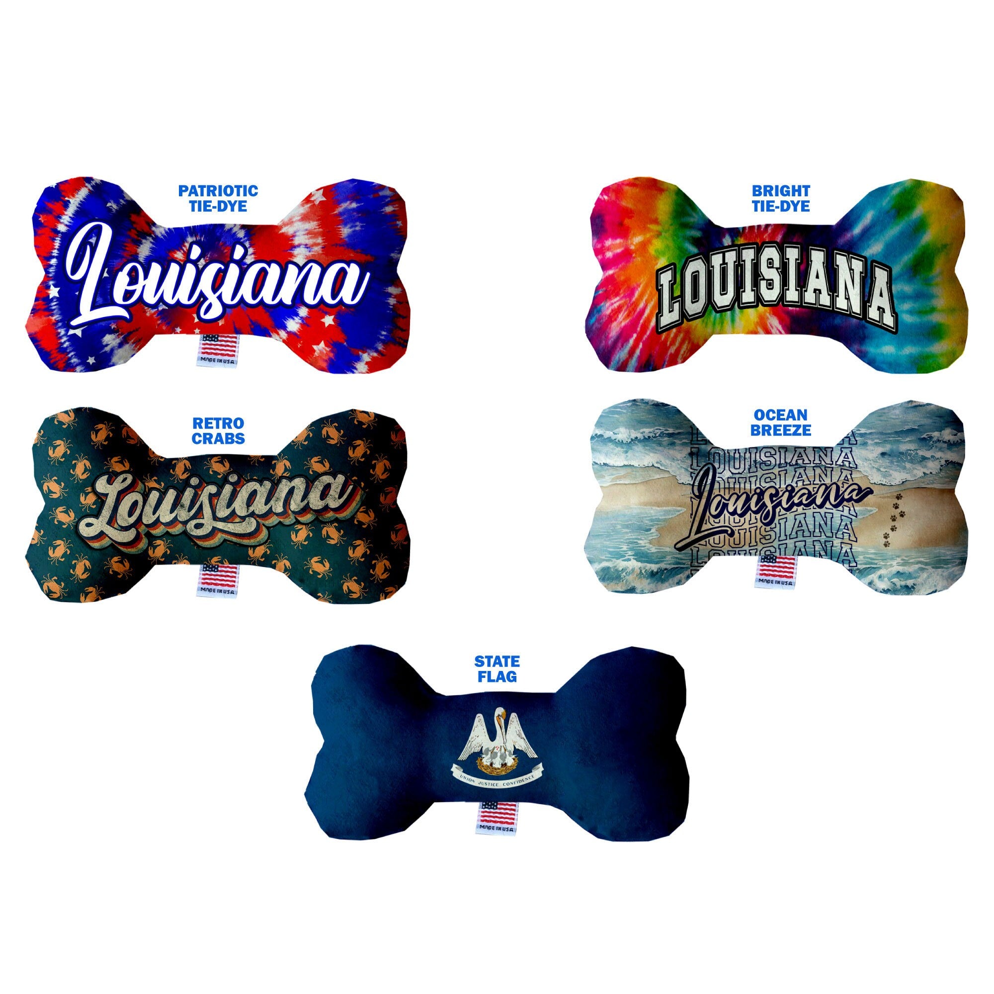 A collection of handmade plush bone toys in various Louisiana State patterns, showcasing their soft texture and vibrant colors.