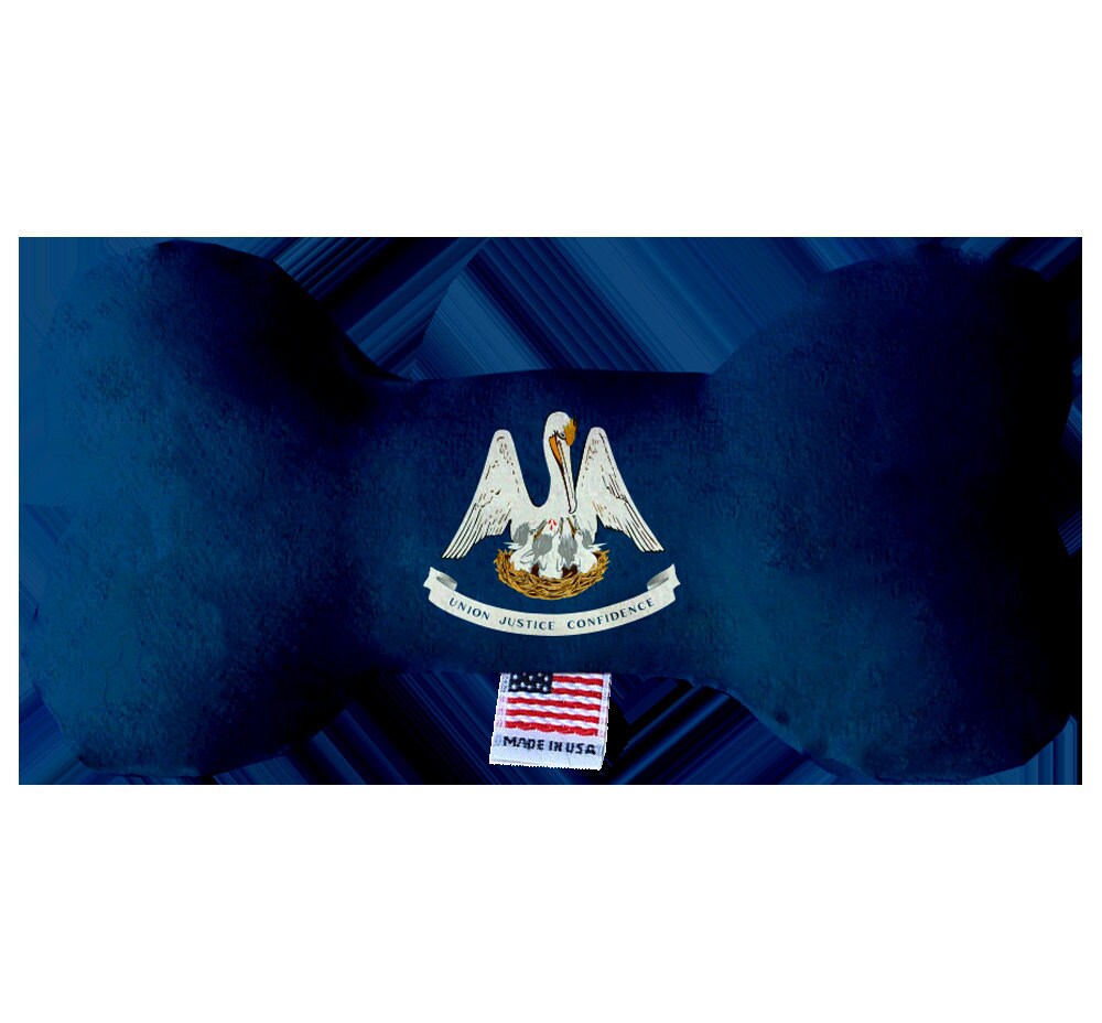 A collection of handmade plush bone toys in various Louisiana State patterns, showcasing their soft texture and vibrant colors.