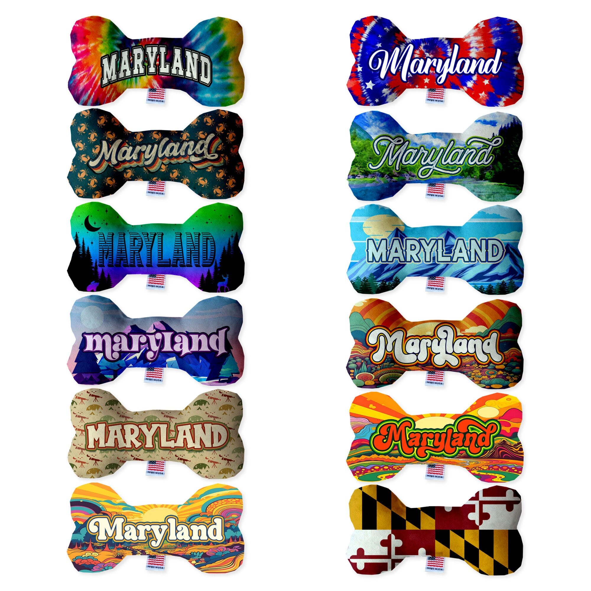 Maryland State Plush Bone Toys in various sizes and patterns, showcasing their soft texture and squeaker features.