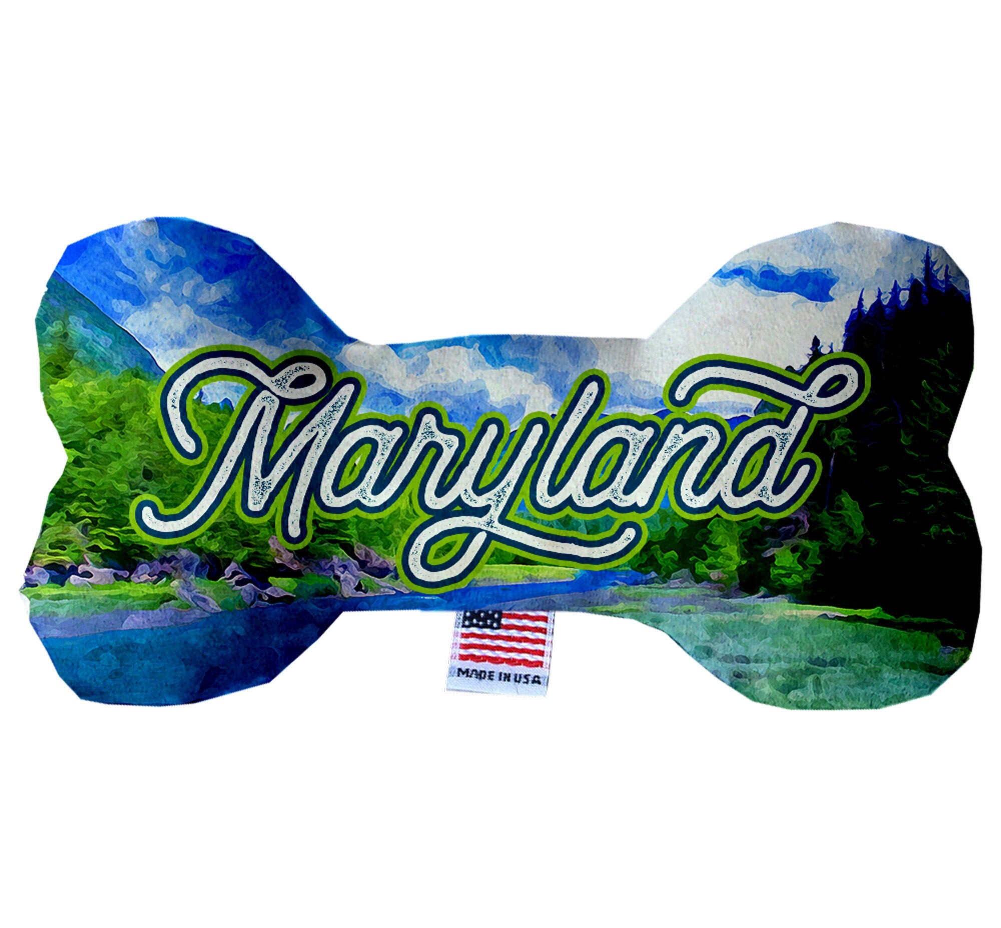 Maryland State Plush Bone Toys in various sizes and patterns, showcasing their soft texture and squeaker features.