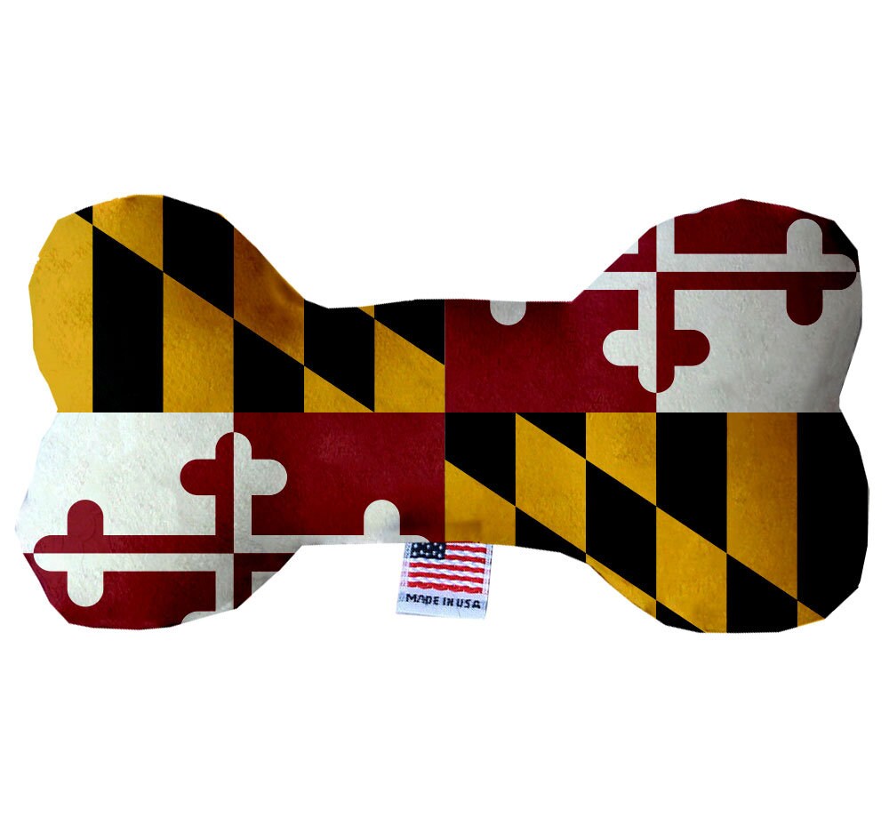 Maryland State Plush Bone Toys in various sizes and patterns, showcasing their soft texture and squeaker features.