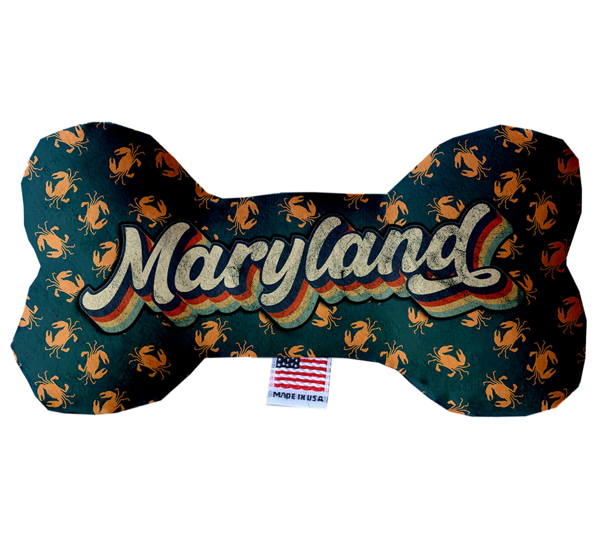 Maryland State Plush Bone Toys in various sizes and patterns, showcasing their soft texture and squeaker features.