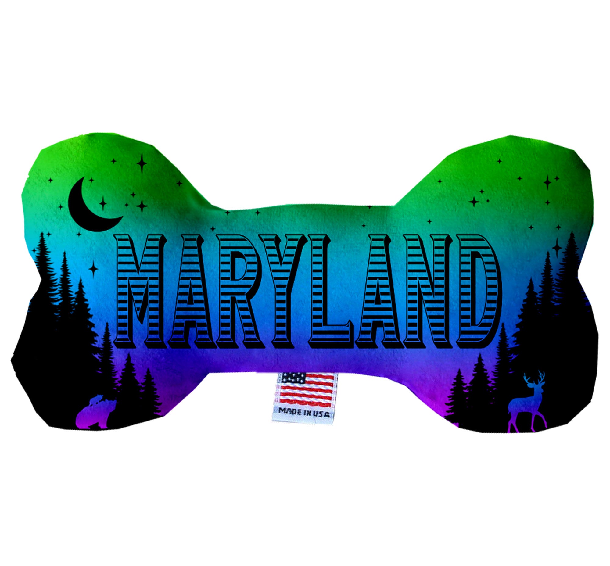 Maryland State Plush Bone Toys in various sizes and patterns, showcasing their soft texture and squeaker features.