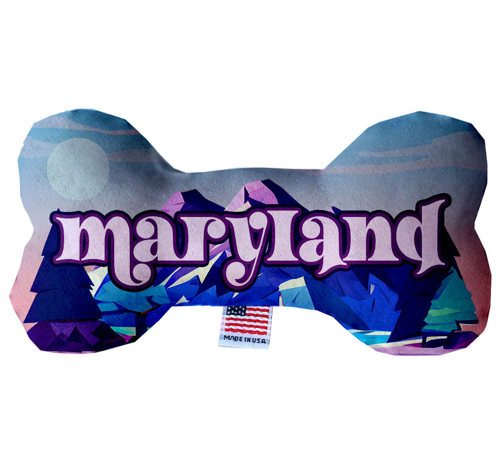 Maryland State Plush Bone Toys in various sizes and patterns, showcasing their soft texture and squeaker features.