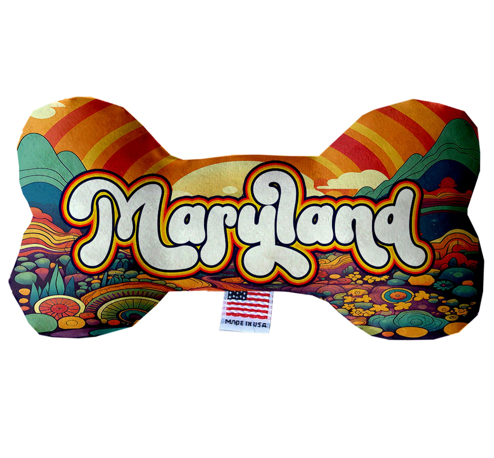 Maryland State Plush Bone Toys in various sizes and patterns, showcasing their soft texture and squeaker features.