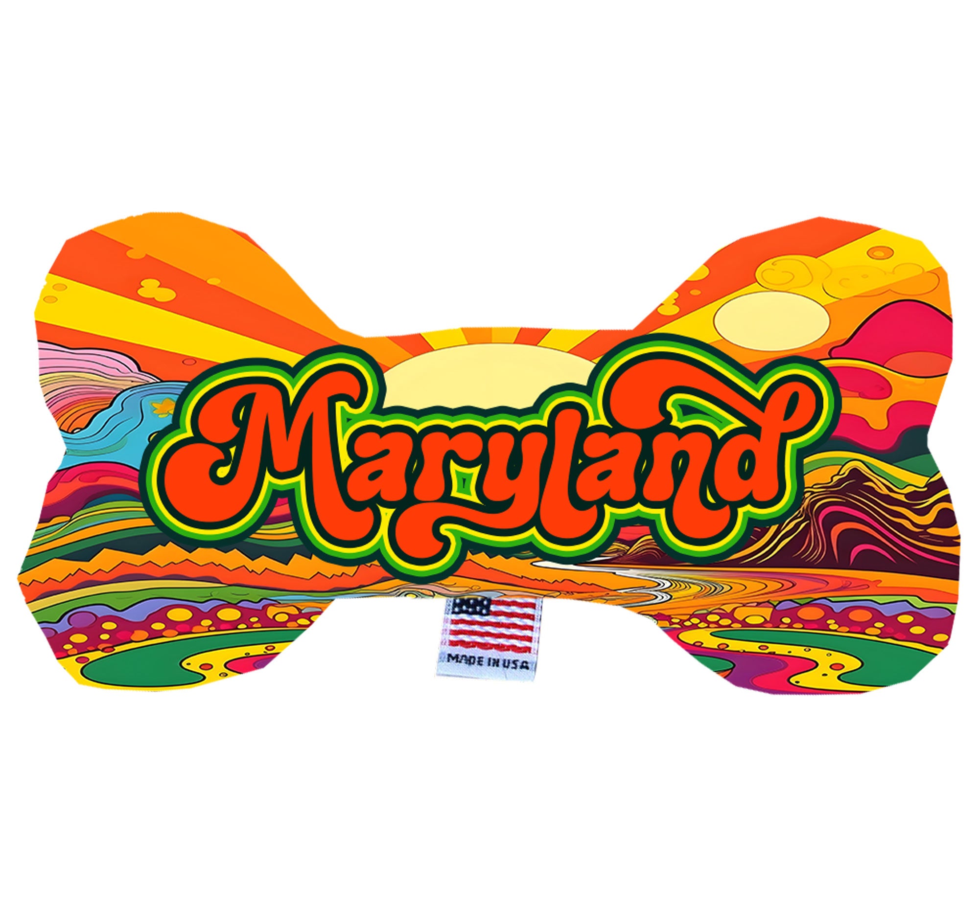 Maryland State Plush Bone Toys in various sizes and patterns, showcasing their soft texture and squeaker features.