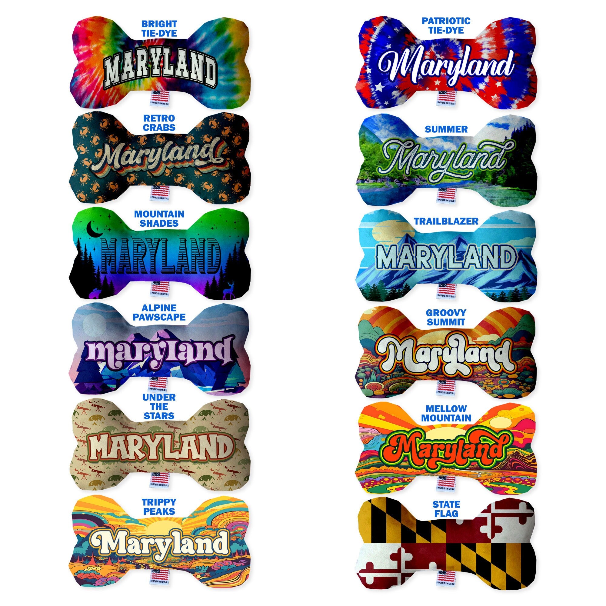 Maryland State Plush Bone Toys in various sizes and patterns, showcasing their soft texture and squeaker features.