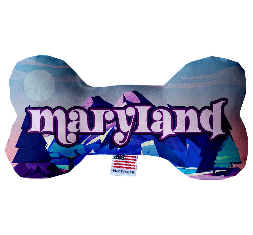 Maryland State Plush Bone Toys in various sizes and patterns, showcasing their soft texture and squeaker features.