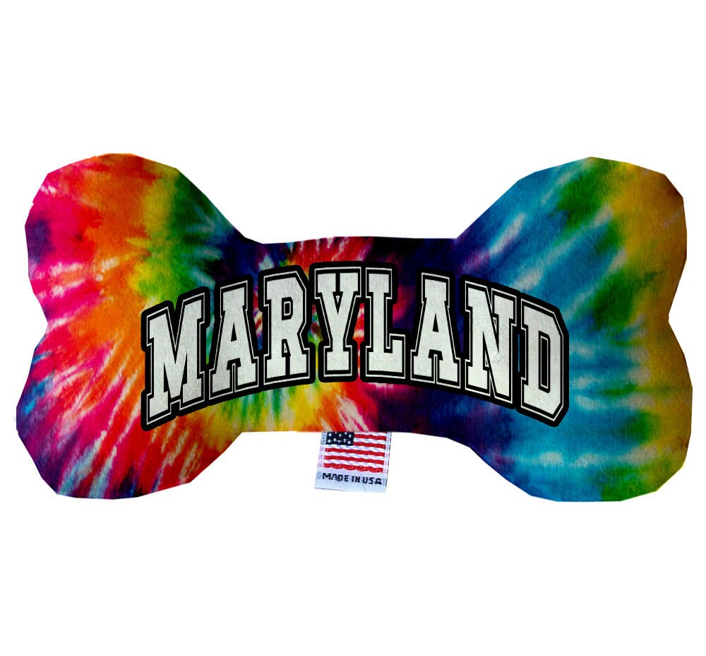 Maryland State Plush Bone Toys in various sizes and patterns, showcasing their soft texture and squeaker features.