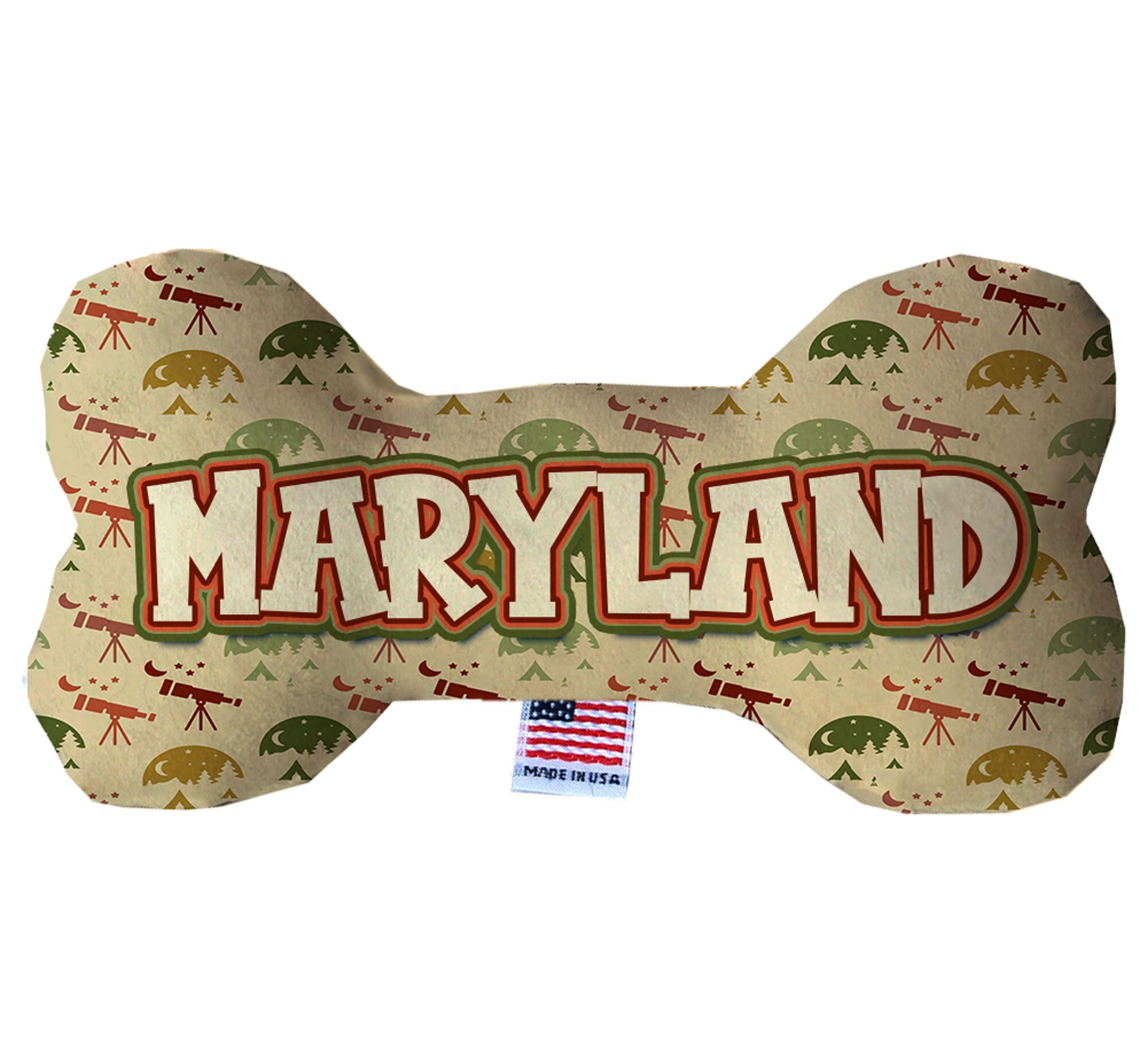 Maryland State Plush Bone Toys in various sizes and patterns, showcasing their soft texture and squeaker features.