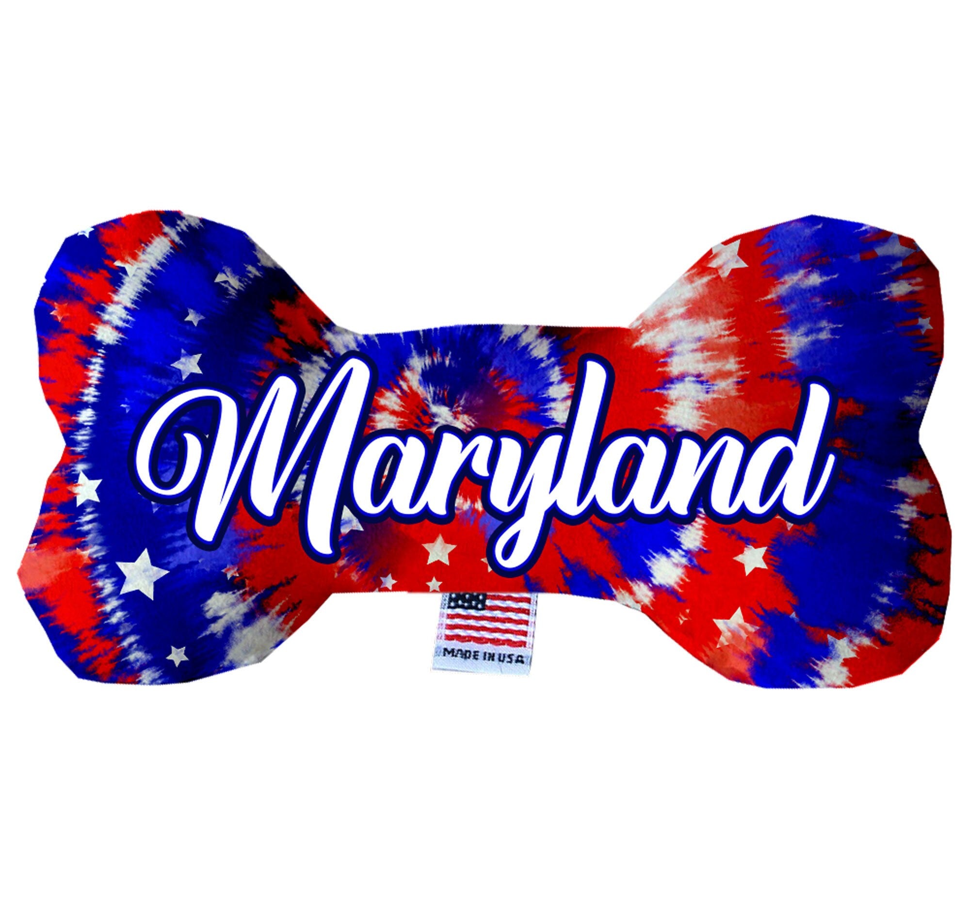 Maryland State Plush Bone Toys in various sizes and patterns, showcasing their soft texture and squeaker features.