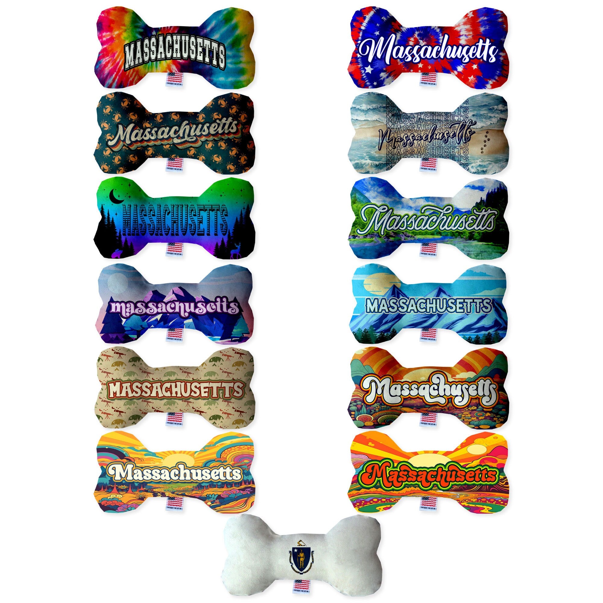 A collection of handmade plush bone toys in various Massachusetts state patterns, showcasing their soft texture and vibrant colors.