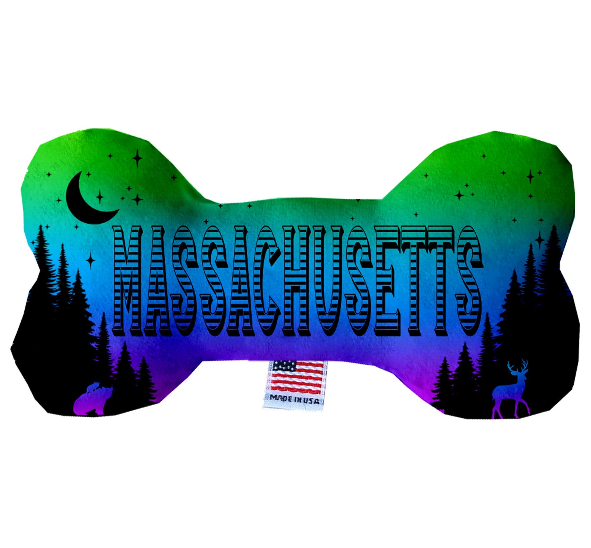 A collection of handmade plush bone toys in various Massachusetts state patterns, showcasing their soft texture and vibrant colors.