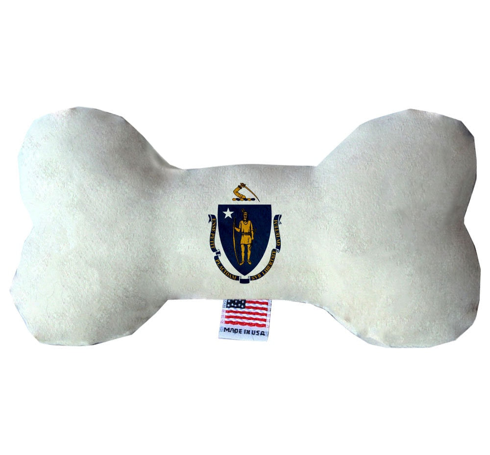 A collection of handmade plush bone toys in various Massachusetts state patterns, showcasing their soft texture and vibrant colors.