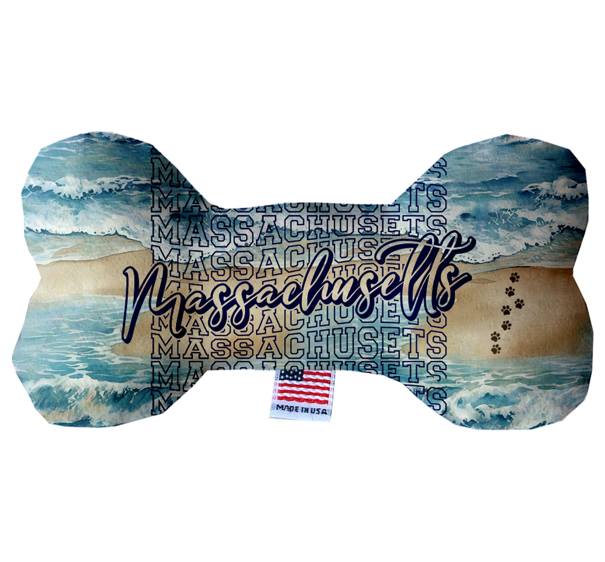 A collection of handmade plush bone toys in various Massachusetts state patterns, showcasing their soft texture and vibrant colors.