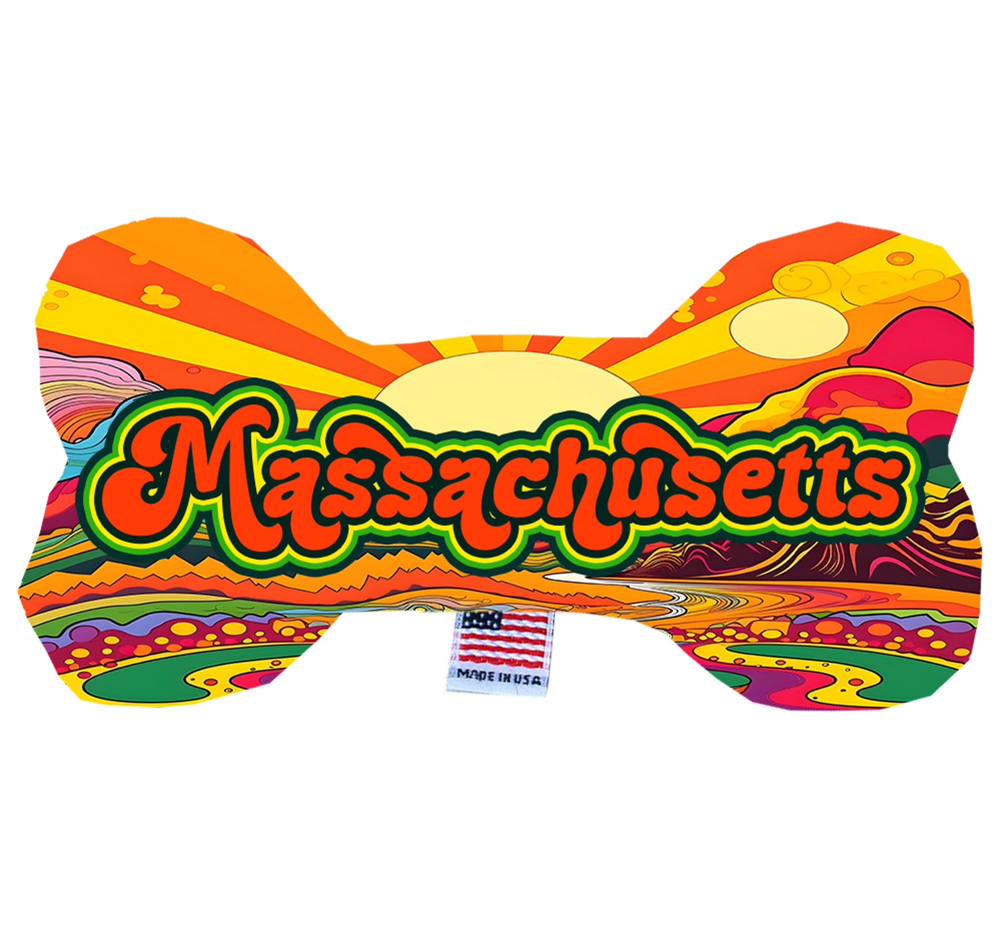 A collection of handmade plush bone toys in various Massachusetts state patterns, showcasing their soft texture and vibrant colors.