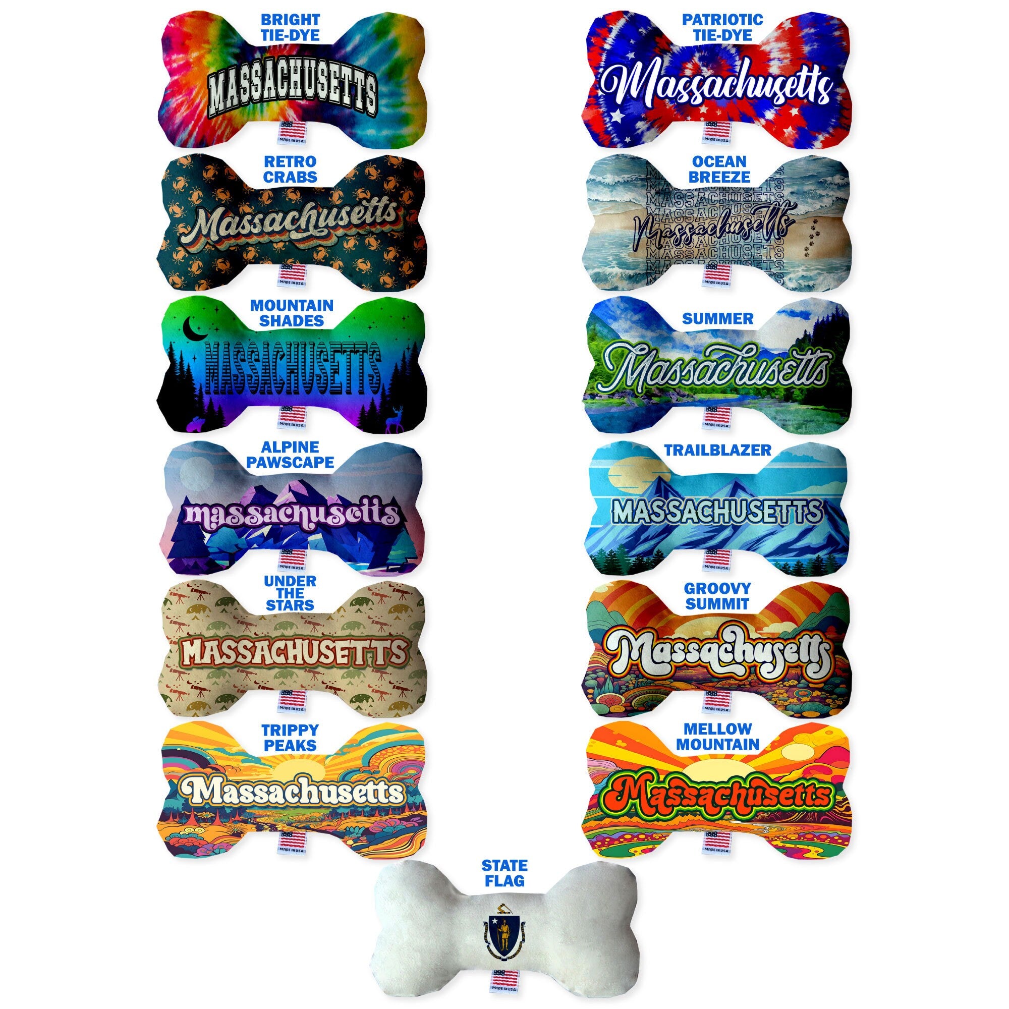 A collection of handmade plush bone toys in various Massachusetts state patterns, showcasing their soft texture and vibrant colors.