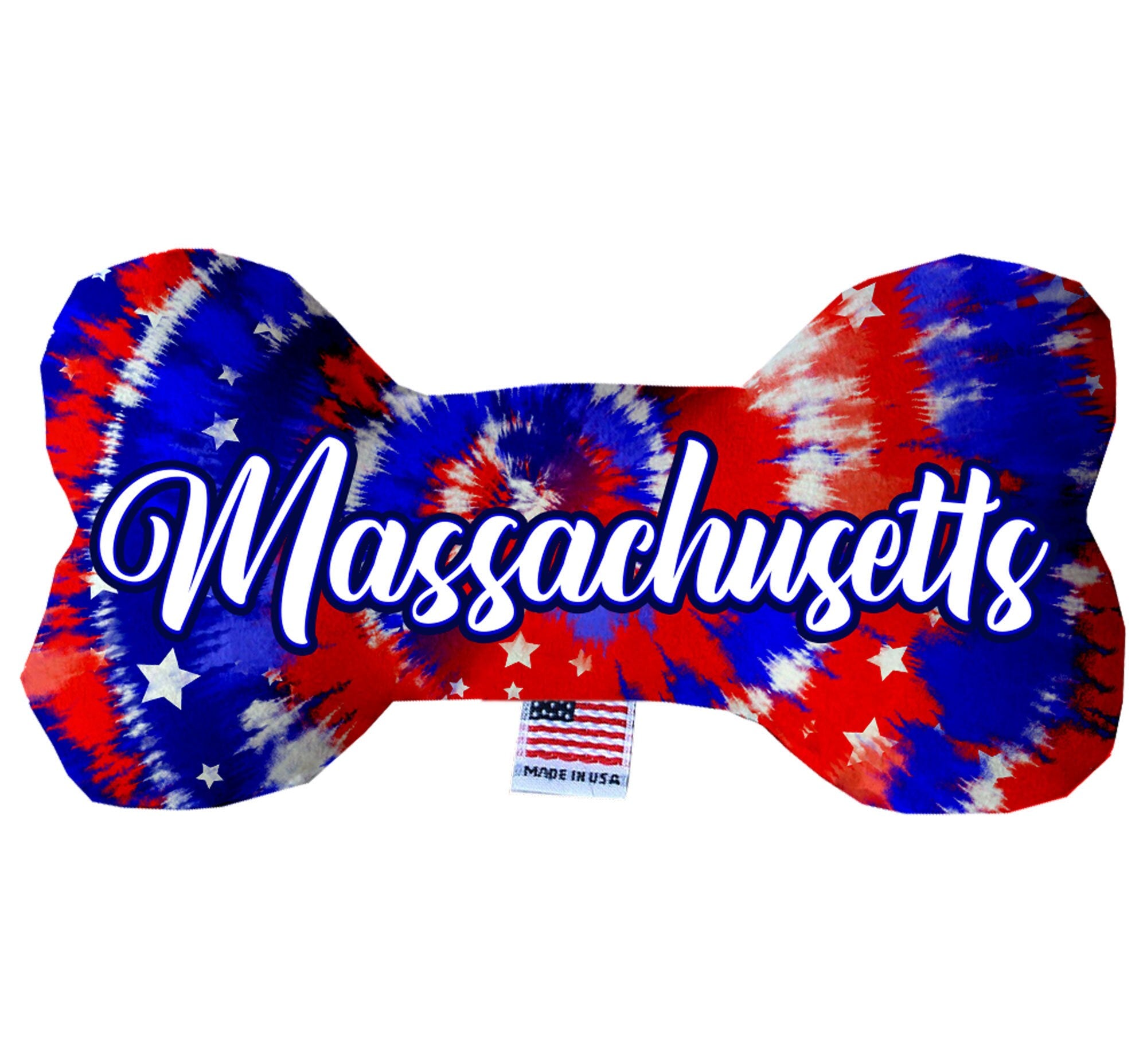 A collection of handmade plush bone toys in various Massachusetts state patterns, showcasing their soft texture and vibrant colors.