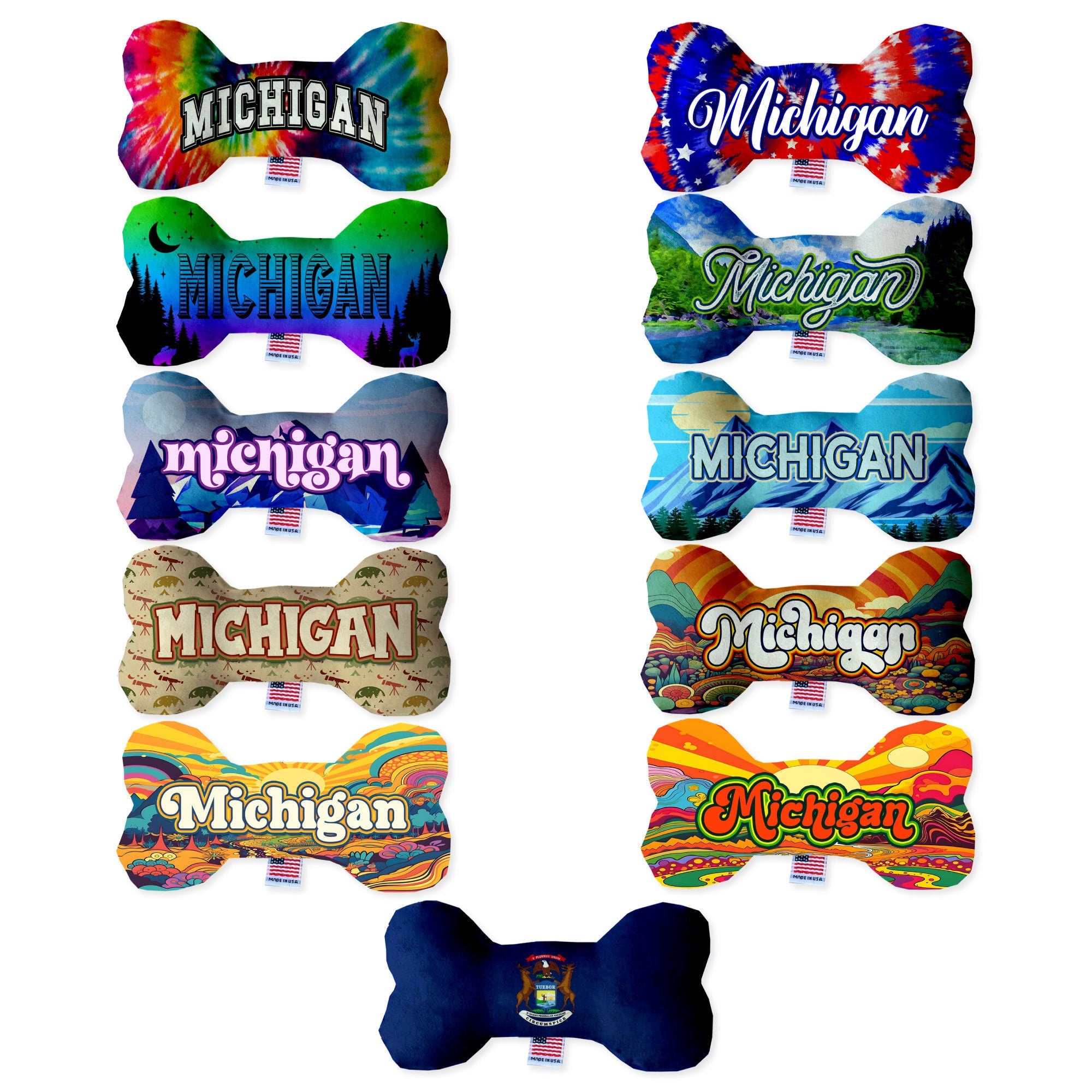 A collection of Michigan State themed plush bone toys for dogs, showcasing various sizes and patterns, made from soft and safe materials.