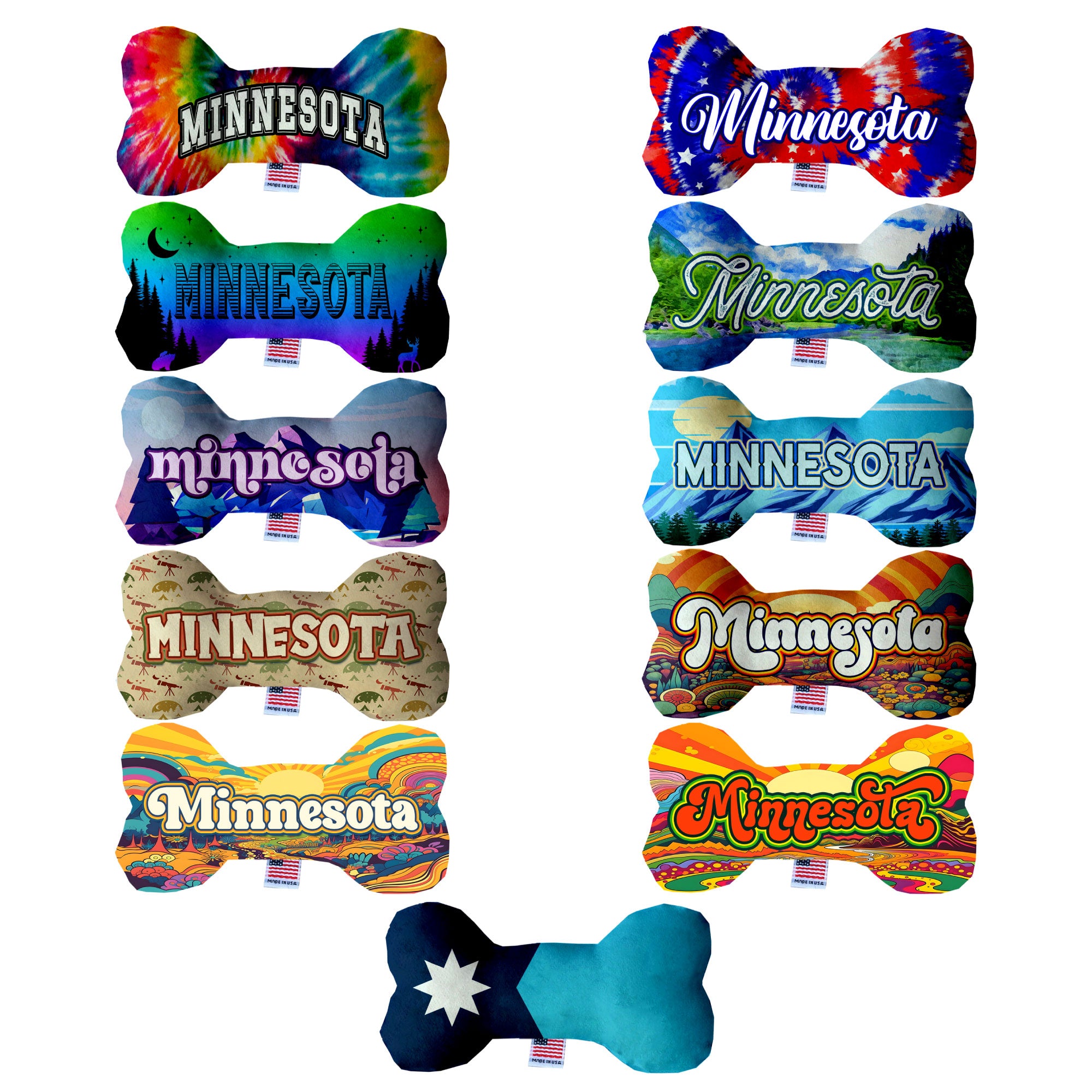 A collection of Minnesota State Plush Bone Toys for dogs, showcasing various patterns and sizes, made from soft and safe materials.