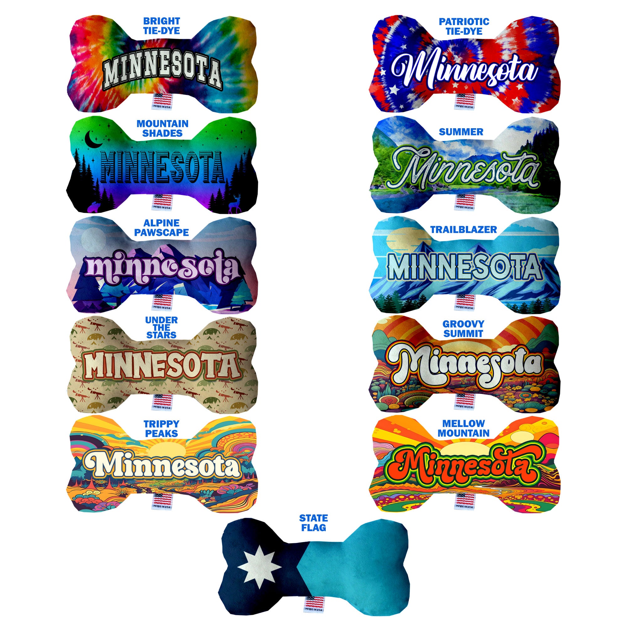 A collection of Minnesota State Plush Bone Toys for dogs, showcasing various patterns and sizes, made from soft and safe materials.