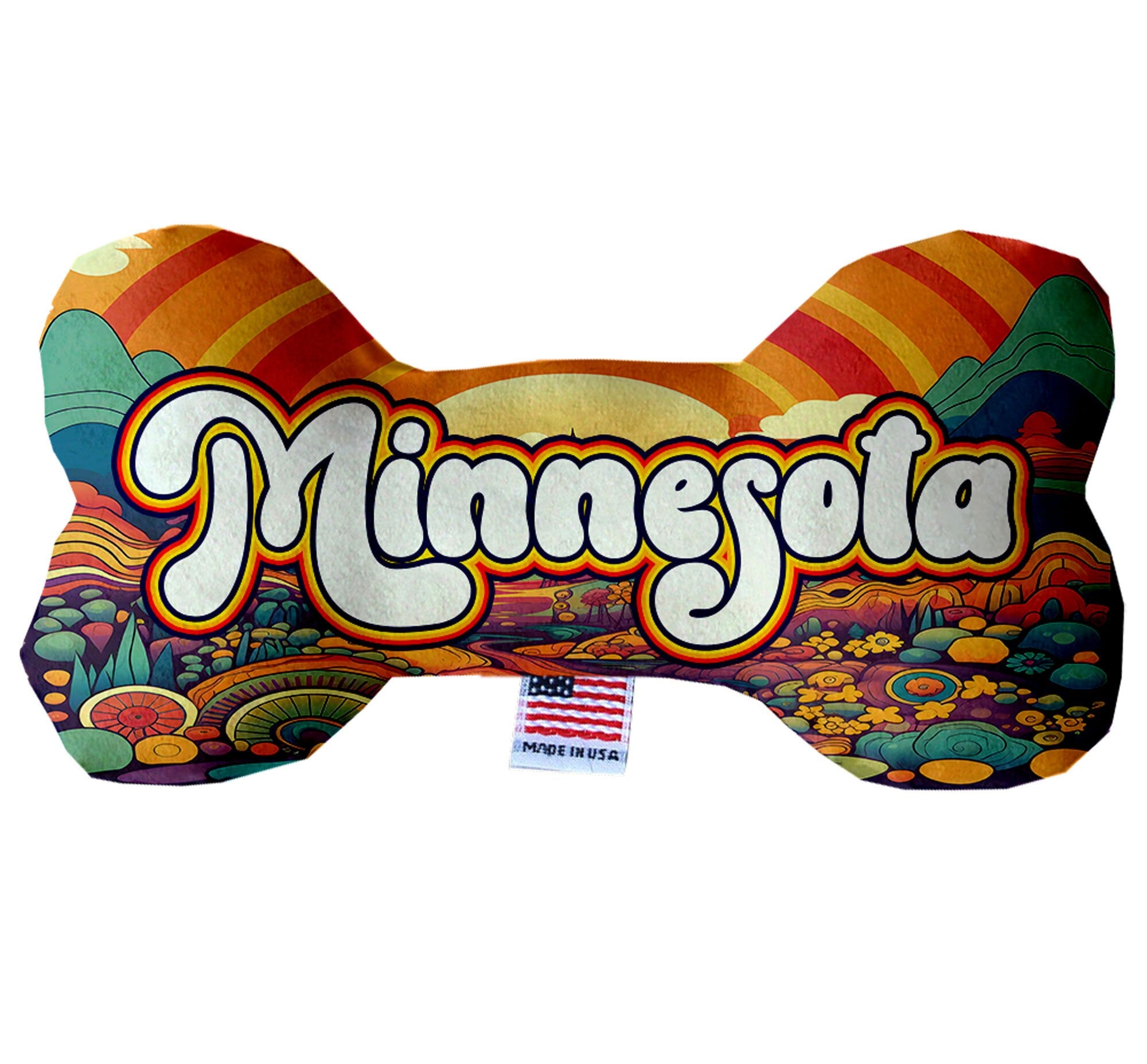 A collection of Minnesota State Plush Bone Toys for dogs, showcasing various patterns and sizes, made from soft and safe materials.