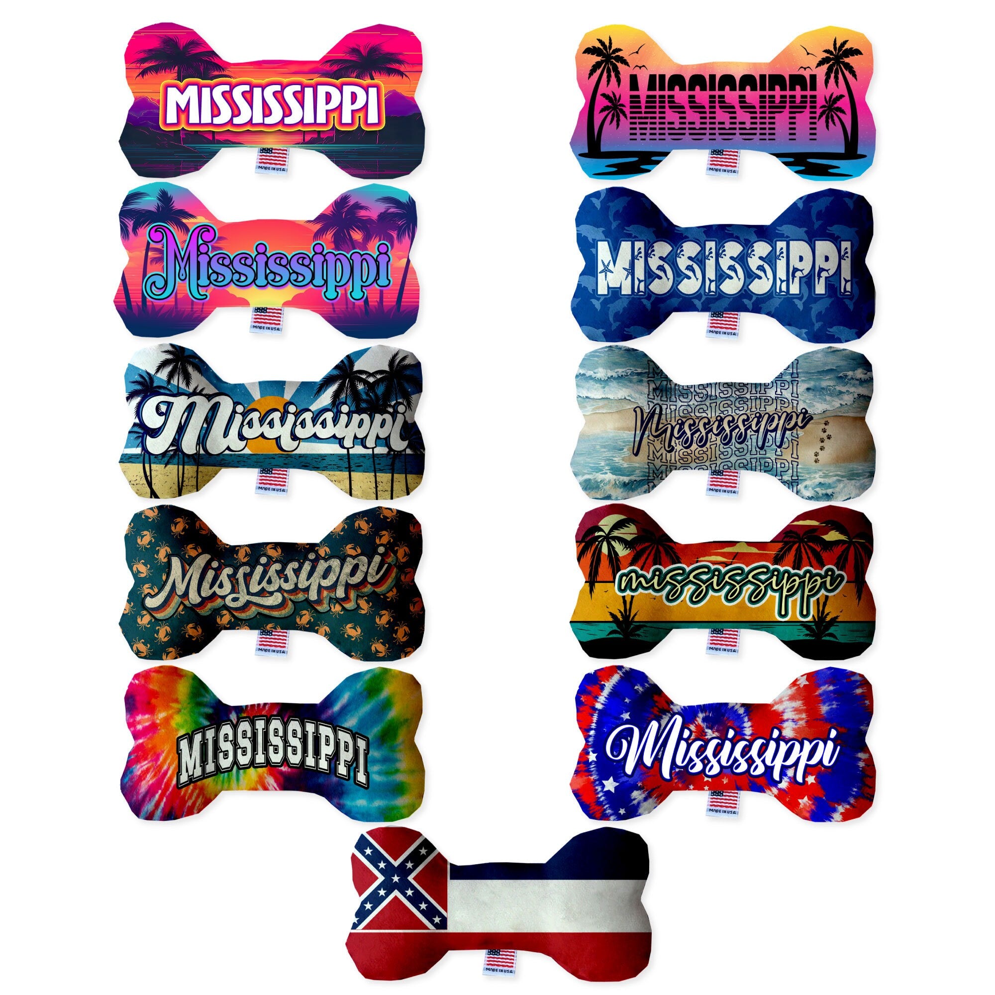 A collection of Mississippi State plush bone toys in various sizes, showcasing their soft texture and vibrant patterns.