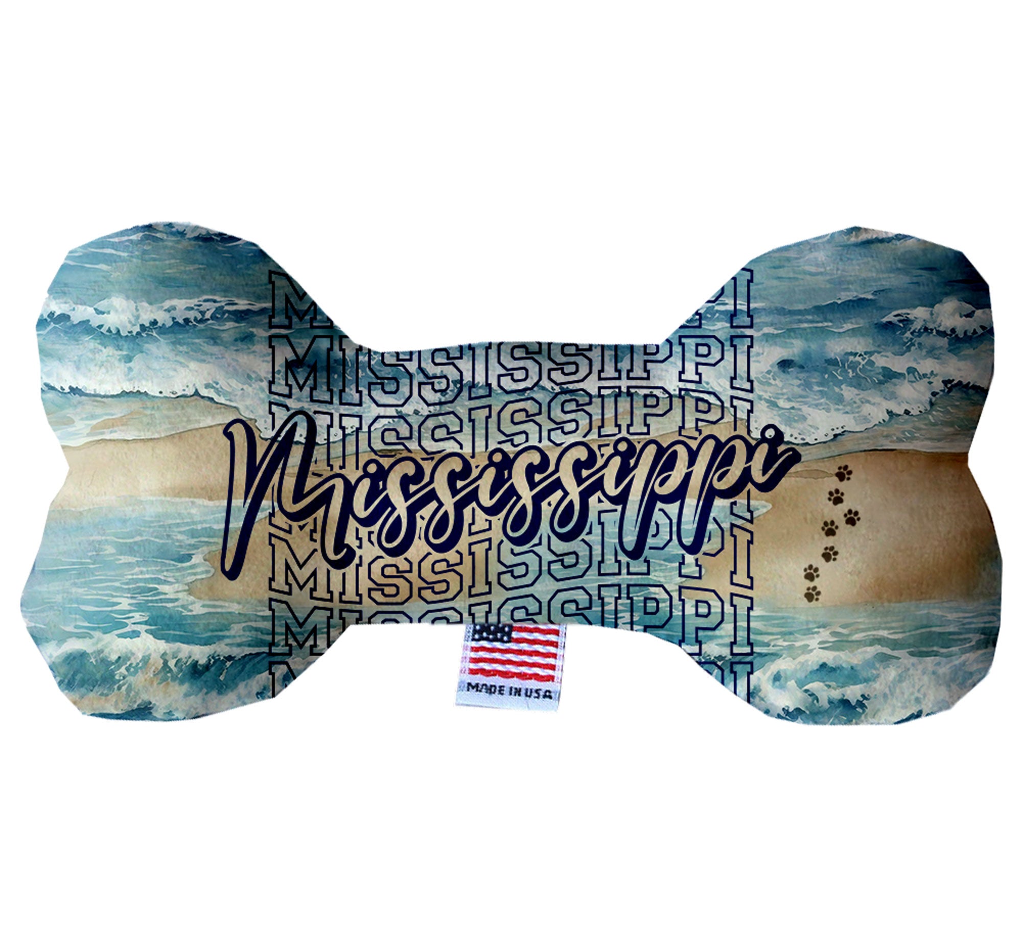 A collection of Mississippi State plush bone toys in various sizes, showcasing their soft texture and vibrant patterns.