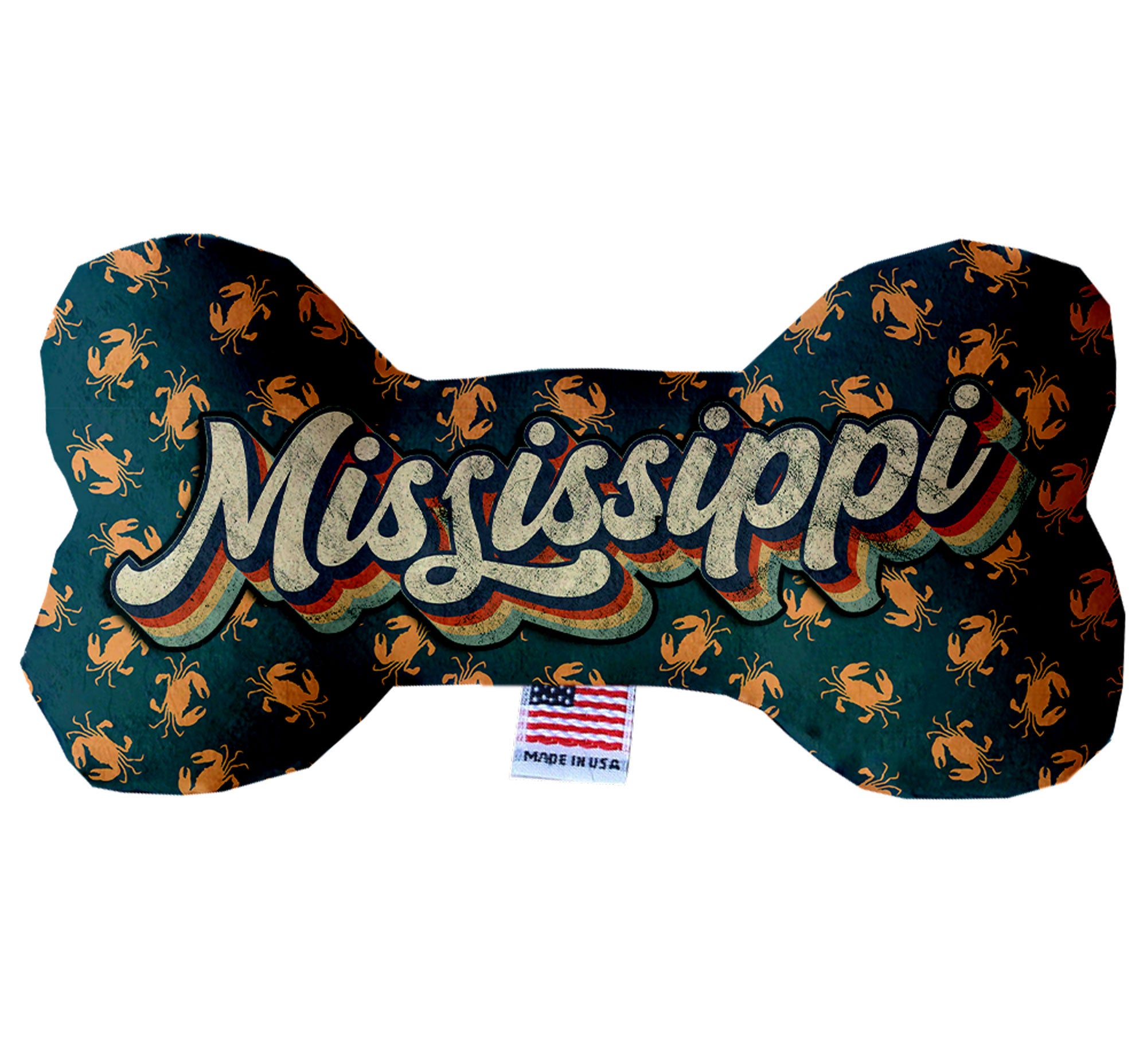 A collection of Mississippi State plush bone toys in various sizes, showcasing their soft texture and vibrant patterns.