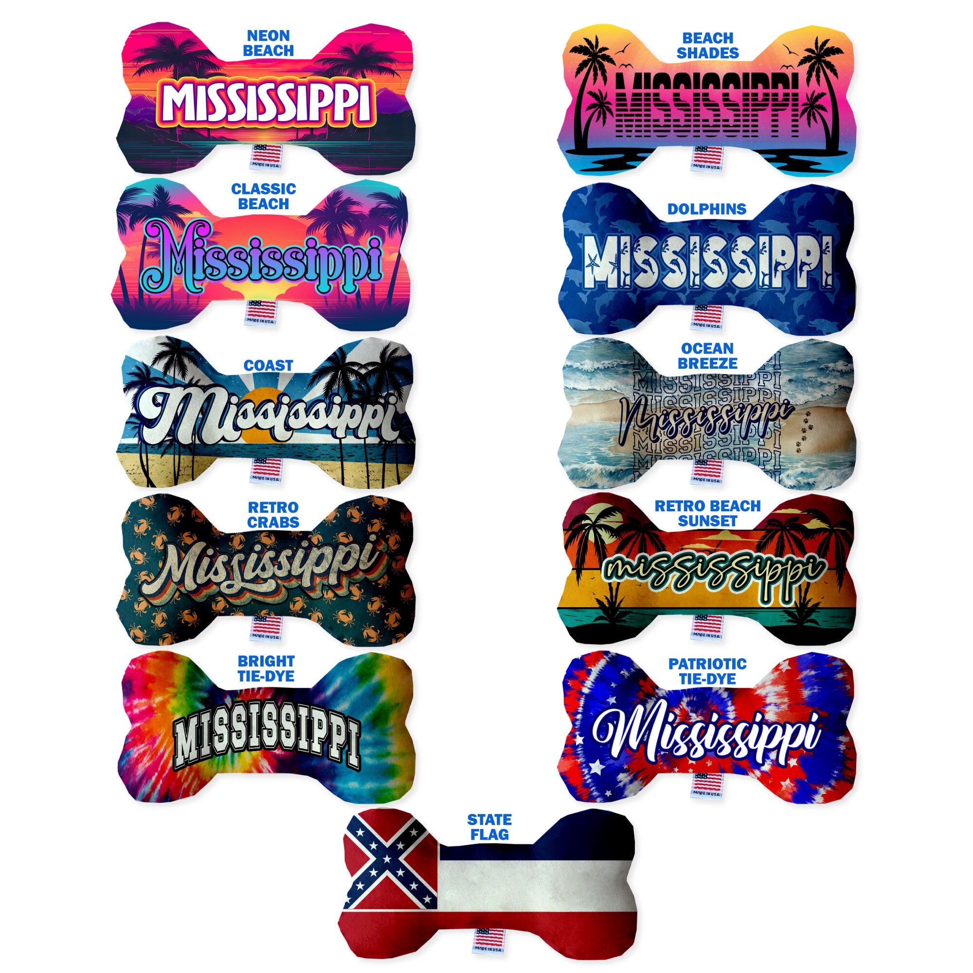 A collection of Mississippi State plush bone toys in various sizes, showcasing their soft texture and vibrant patterns.