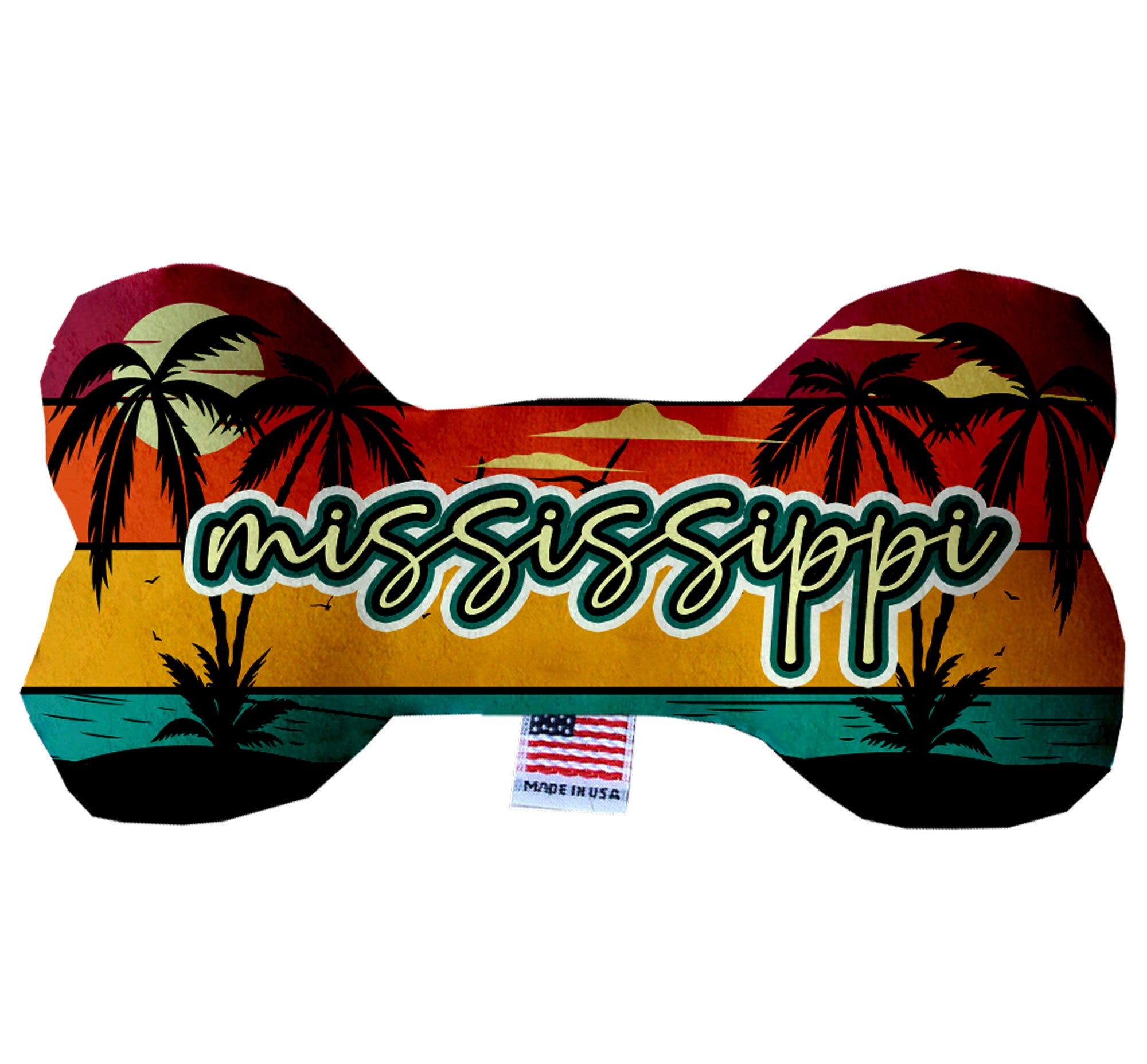 A collection of Mississippi State plush bone toys in various sizes, showcasing their soft texture and vibrant patterns.