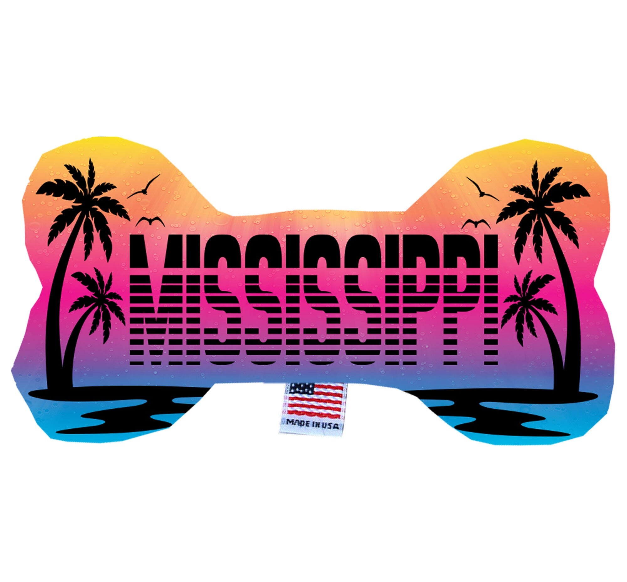 A collection of Mississippi State plush bone toys in various sizes, showcasing their soft texture and vibrant patterns.