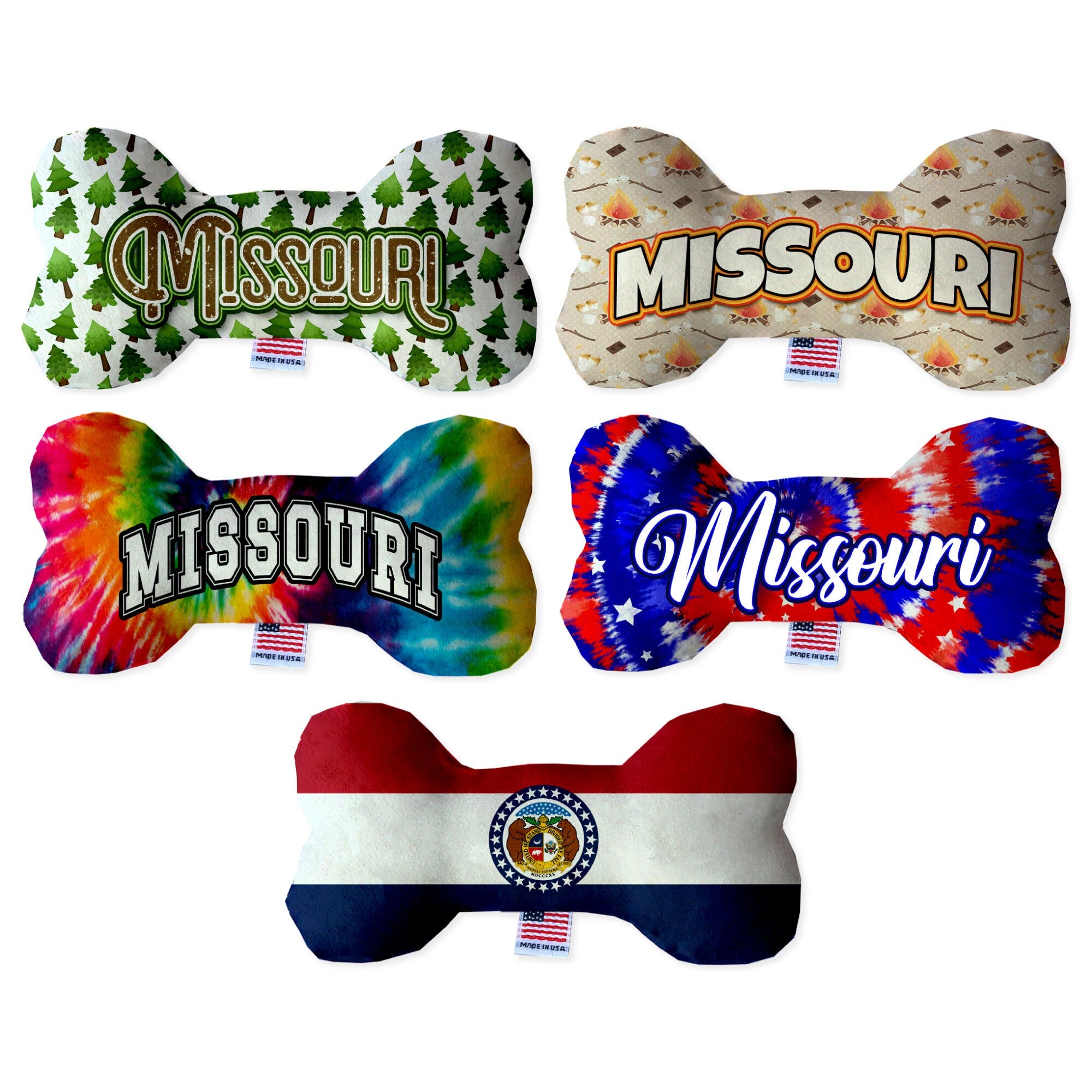 A collection of Missouri State plush bone toys in various patterns and sizes, showcasing their soft texture and squeaker features.