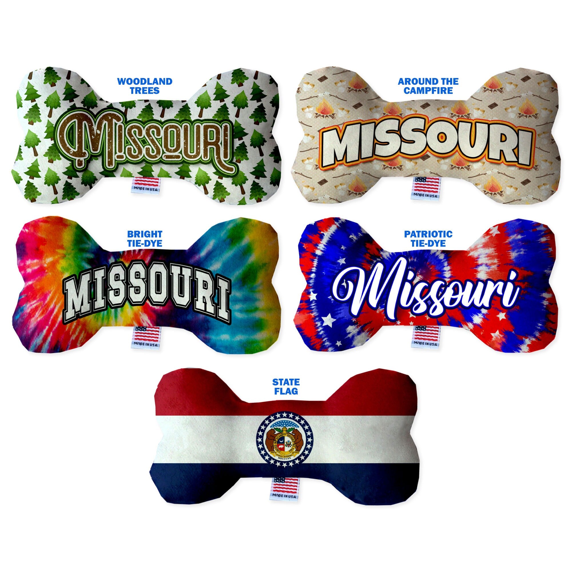 A collection of Missouri State plush bone toys in various patterns and sizes, showcasing their soft texture and squeaker features.