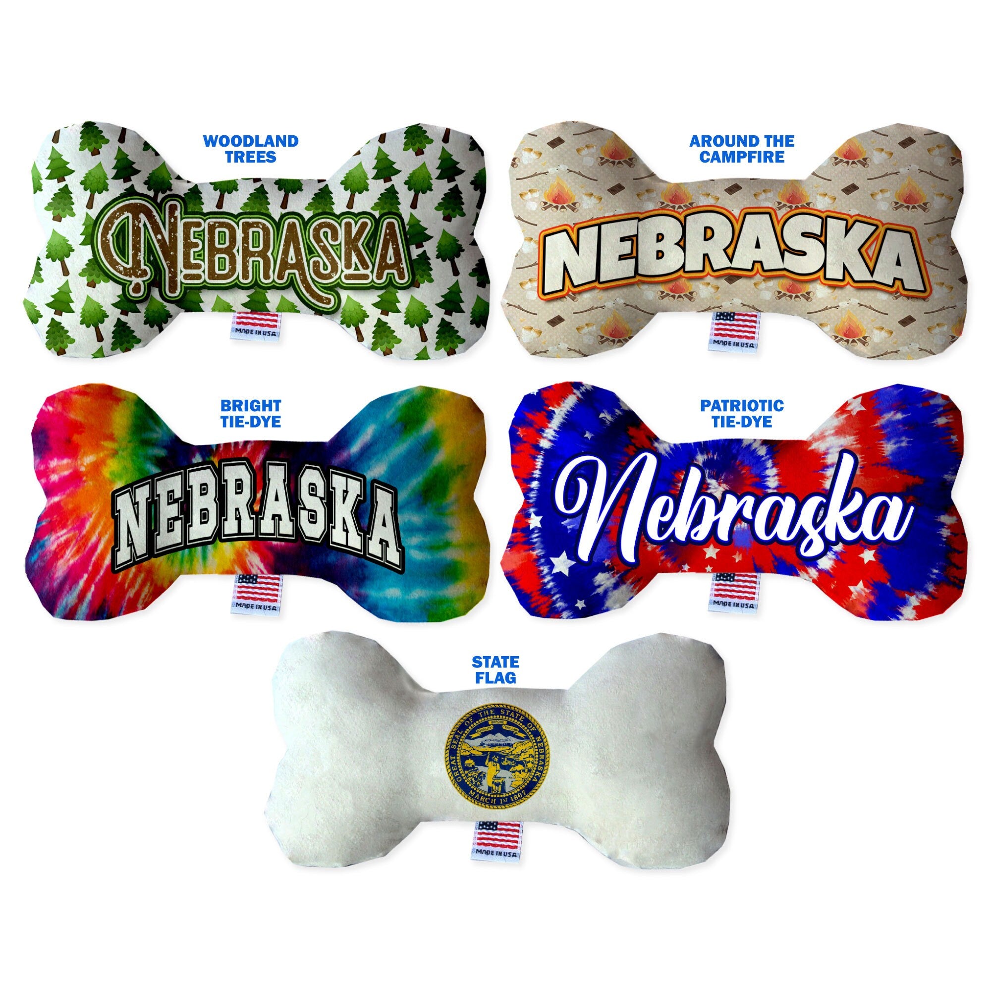 Handmade plush bone toys for dogs featuring Nebraska State designs, available in various sizes and patterns.