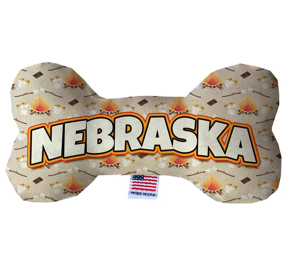 Handmade plush bone toys for dogs featuring Nebraska State designs, available in various sizes and patterns.