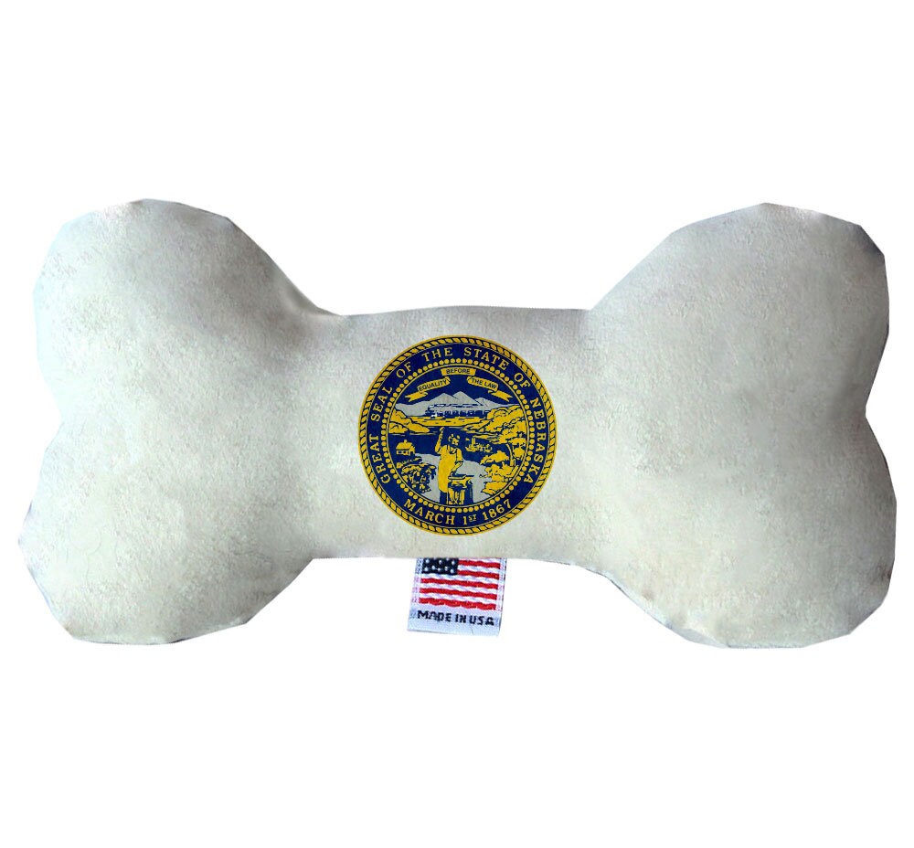 Handmade plush bone toys for dogs featuring Nebraska State designs, available in various sizes and patterns.