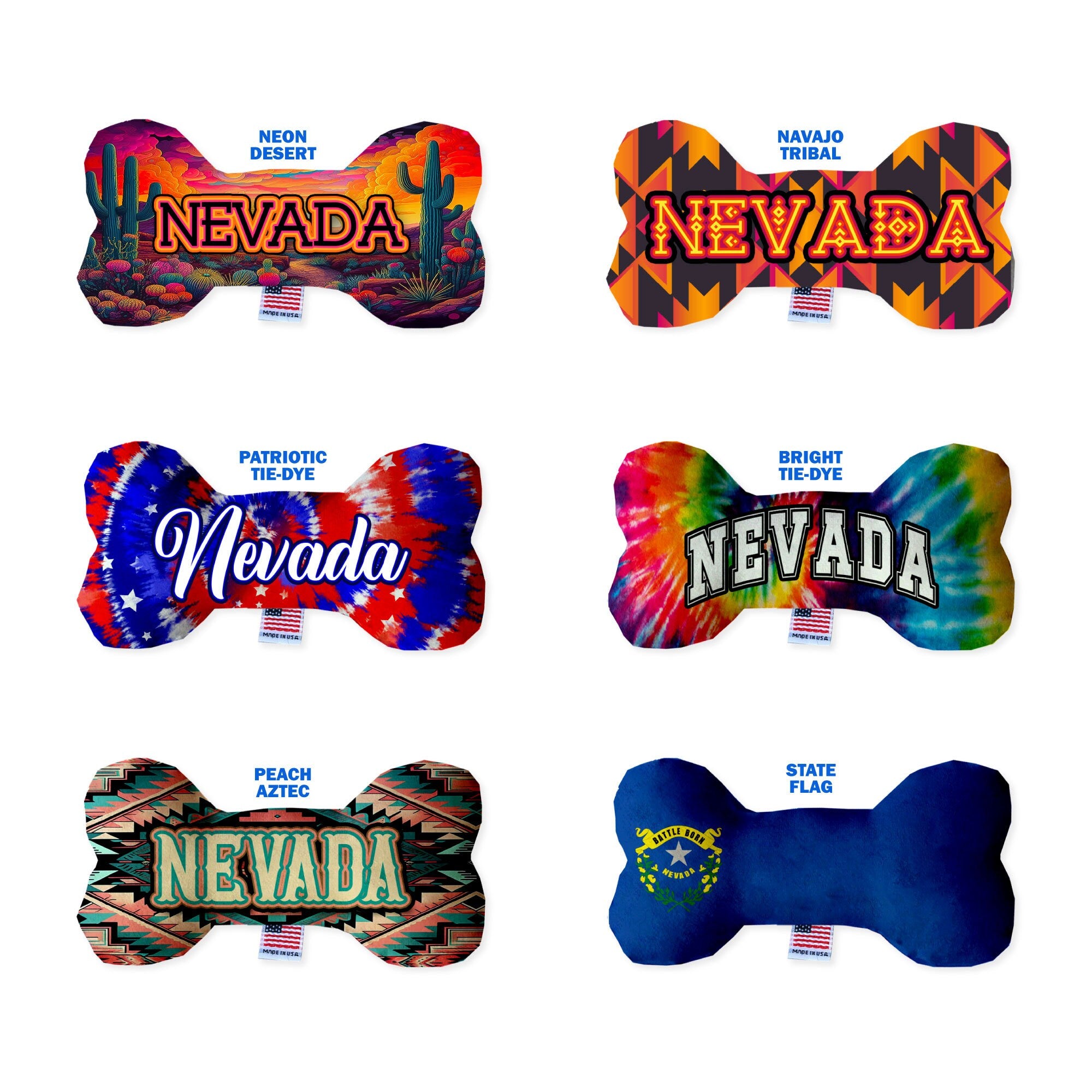 Handmade plush bone toy for dogs, featuring a 'Nevada Desert' design, soft and cuddly with squeakers, available in multiple sizes.