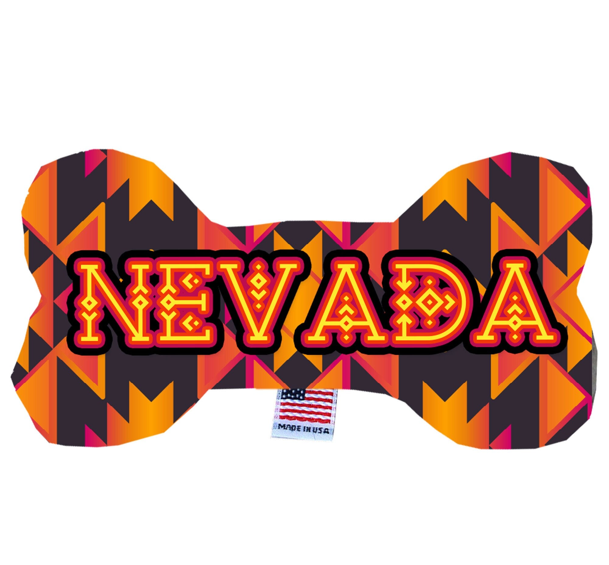 Handmade plush bone toy for dogs, featuring a 'Nevada Desert' design, soft and cuddly with squeakers, available in multiple sizes.