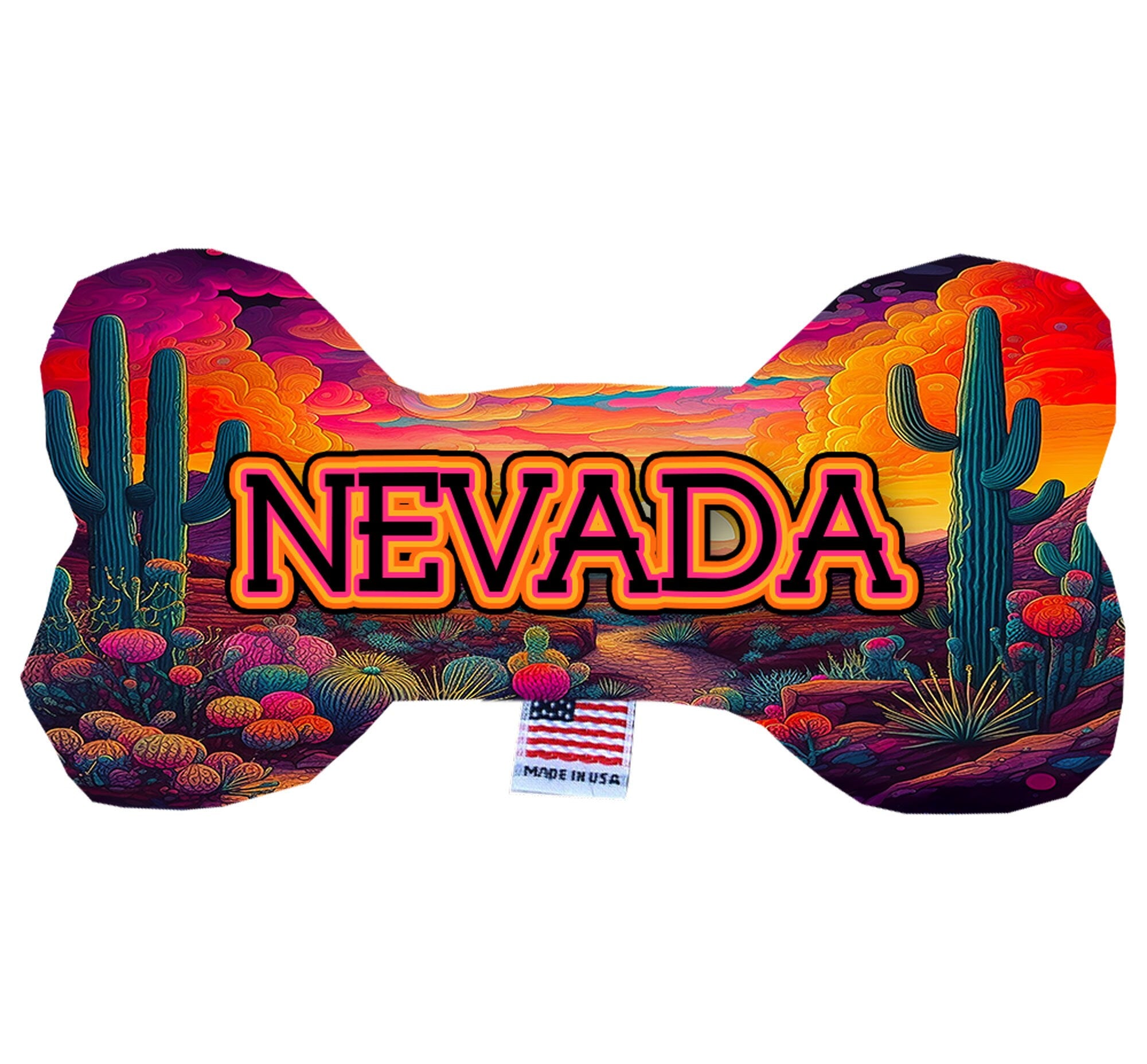 Handmade plush bone toy for dogs, featuring a 'Nevada Desert' design, soft and cuddly with squeakers, available in multiple sizes.