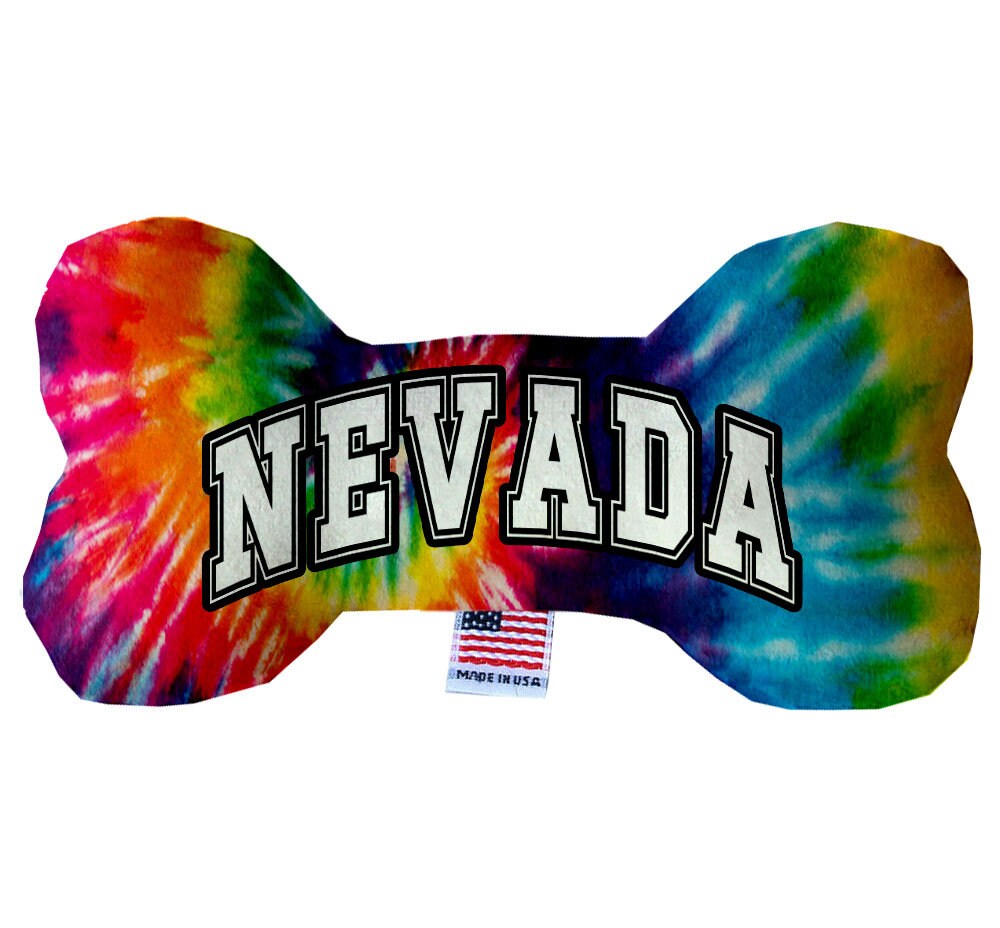 Handmade plush bone toy for dogs, featuring a 'Nevada Desert' design, soft and cuddly with squeakers, available in multiple sizes.